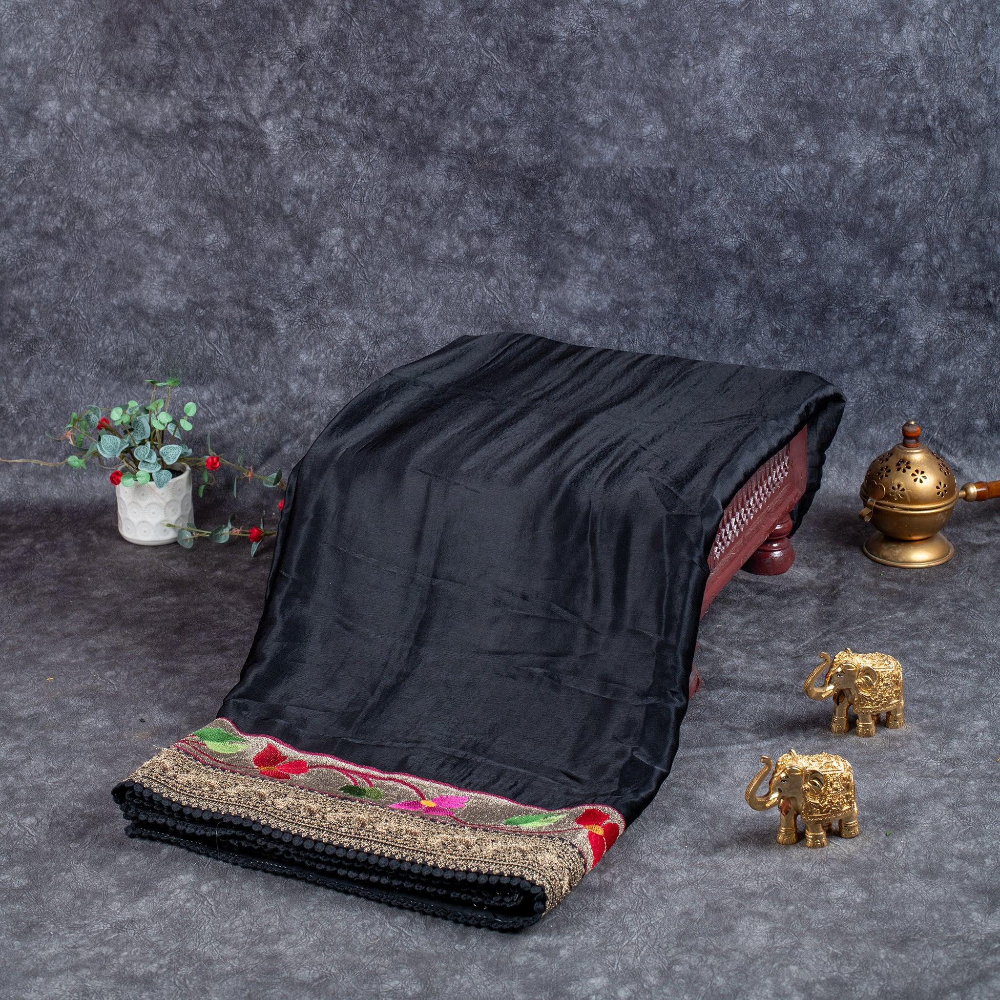 Pure Handloom Imported Italian Crepe Saree with Rich Floral Embroidery - Black Main image