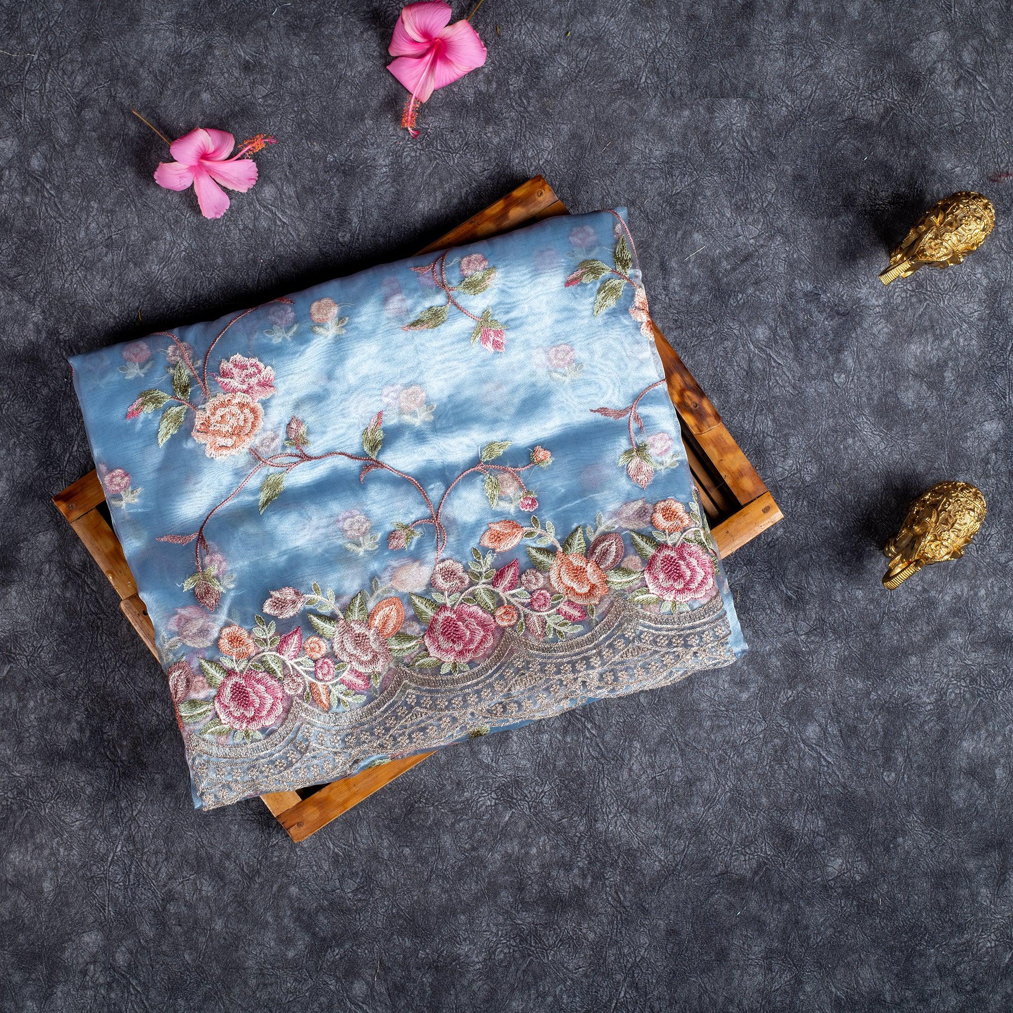 Tissue Kora Saree with Floral Embroidery Work - Powdered Blue - Kleem Boutique Main image