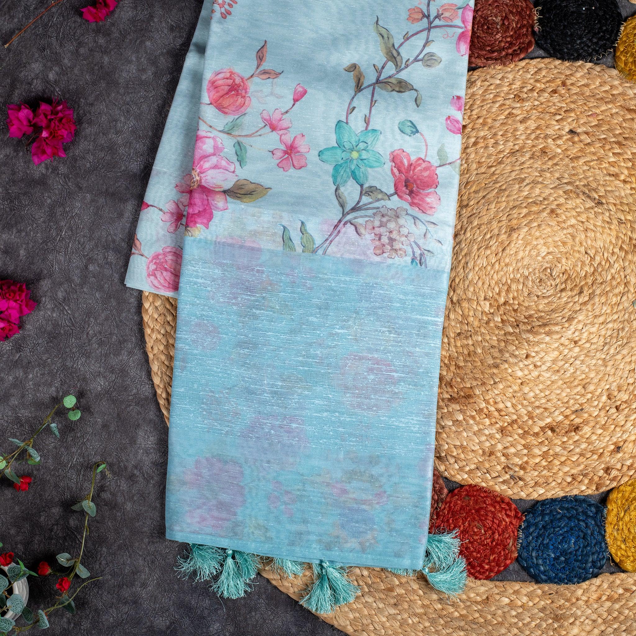 Matka Silk Saree with Floral Printed Border – Sea Green - Kleem Boutique Main image