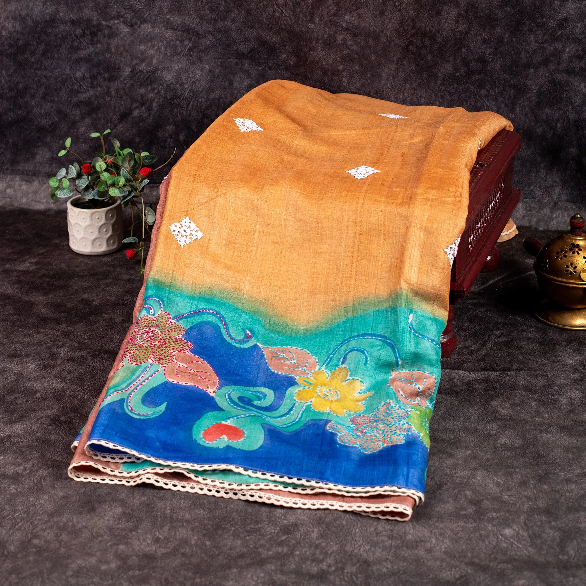 Pure Handloom Tussar Silk Multicolour Saree with Floral Digital Print, Kantha & Kutch Work - Kleem Boutique Main image