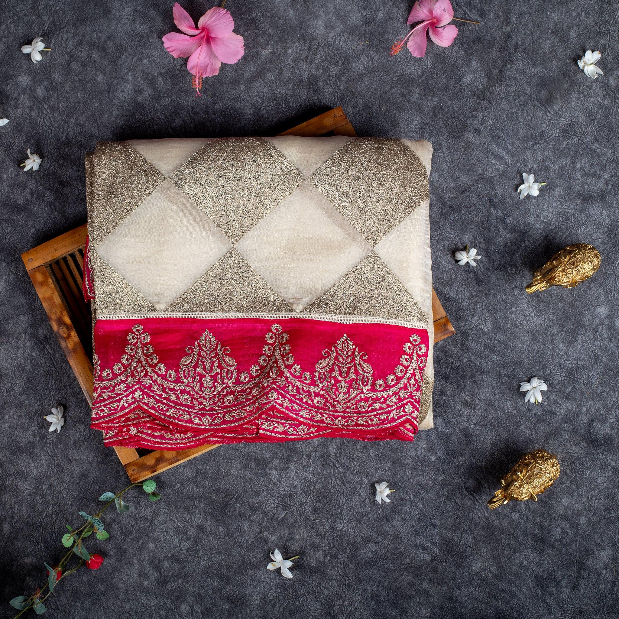 Pure Handloom Tissue Organza Saree with Sequin Appliqué Work - Off-White with Pink Border - Kleem Boutique Main image