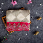 Pure Handloom Tissue Organza Saree with Sequin Appliqué Work - Off-White with Pink Border - Kleem Boutique