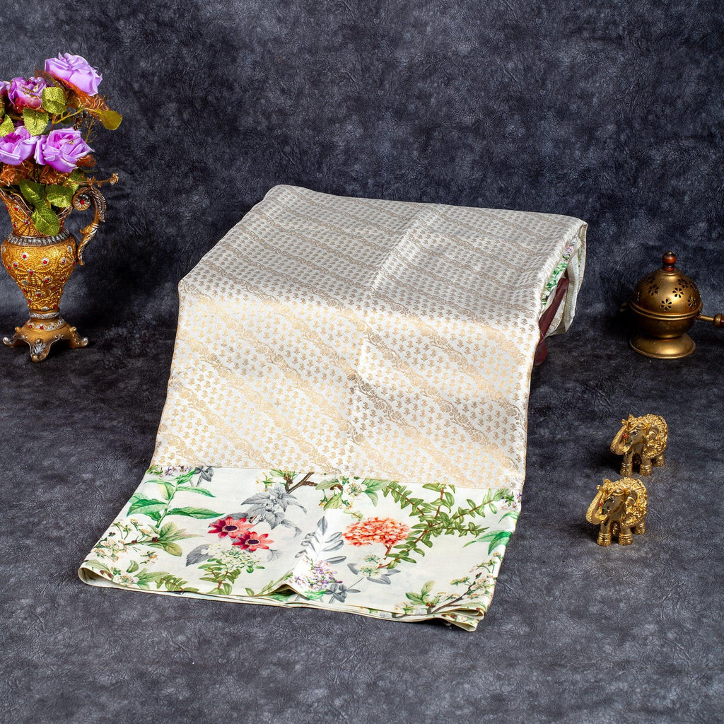 Pure Handloom Kanchi Jacquard Silk Saree with Floral Digital Border – Off-White & Gold - Kleem Boutique