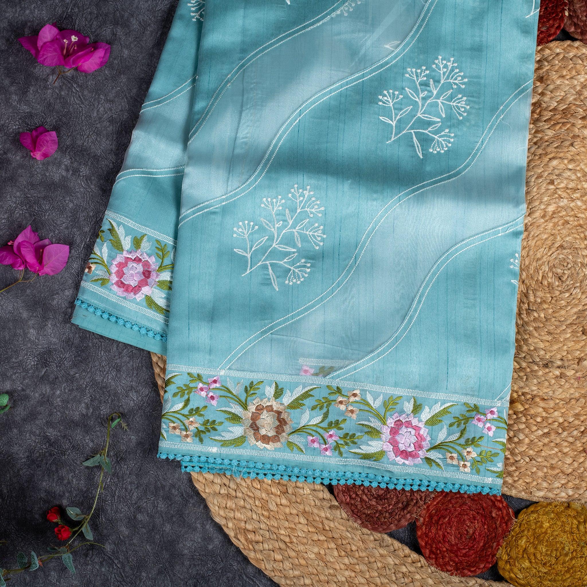 Semi Tussar Silk Saree – Organza & Tussar Fusion with Floral Embroidery - Siege Blue - Kleem Boutique