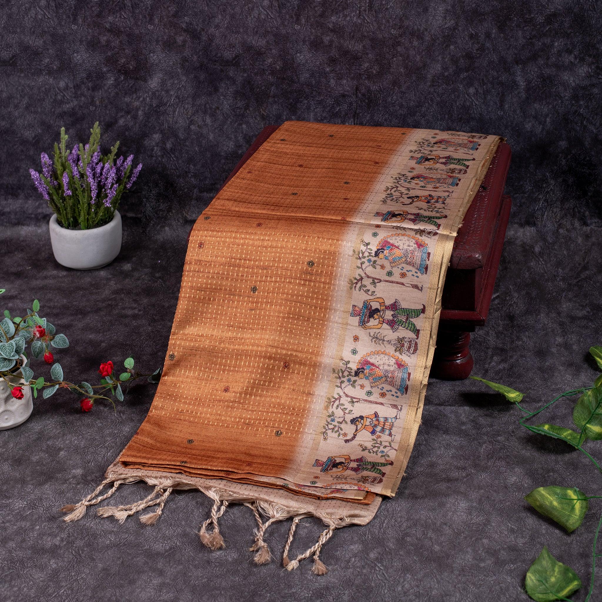 Semi Tussar Silk Saree – Zari Dotted Lines with Madhubani Pallu - Kleem Boutique Main image