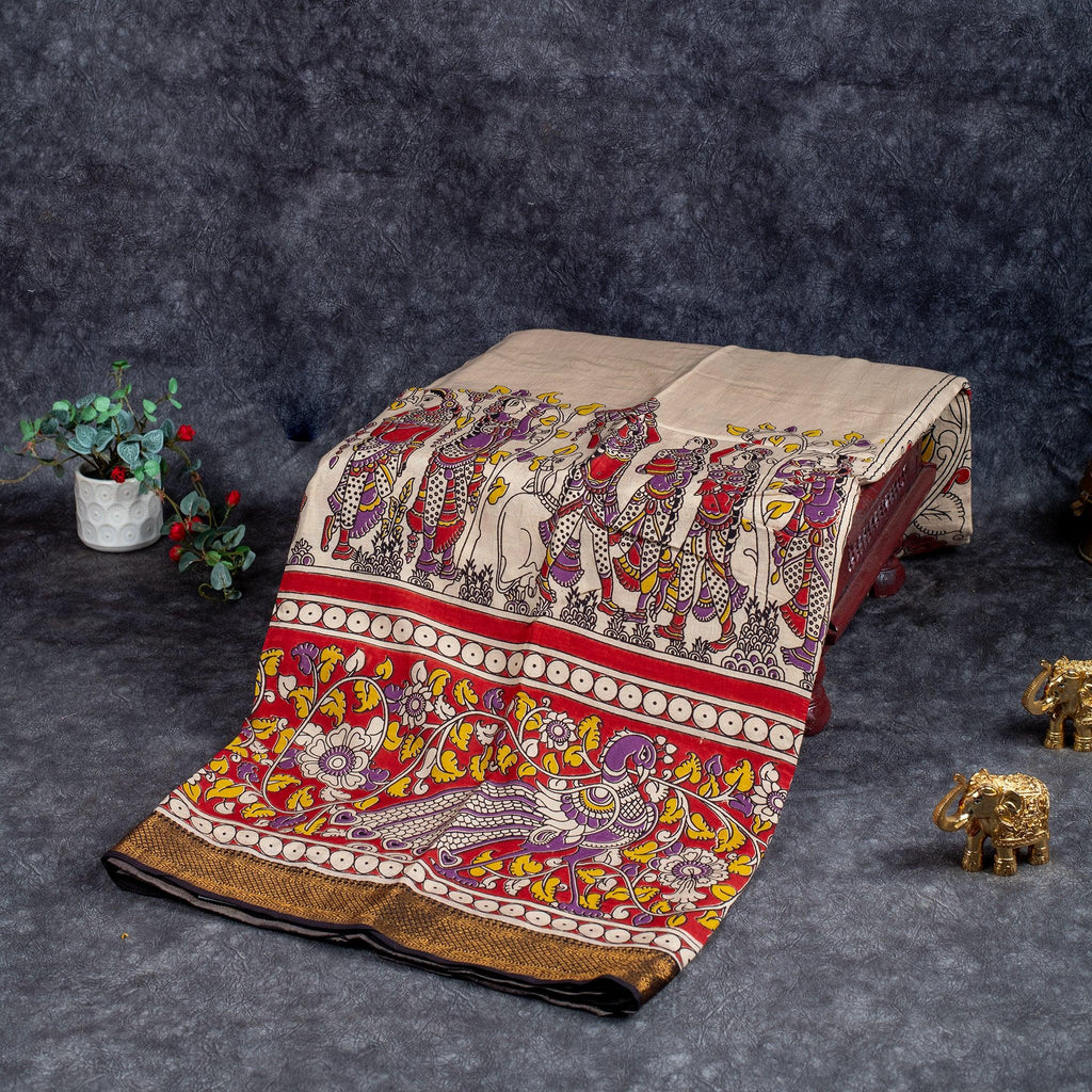 Pure Handloom Nizam Border Silk Saree with Kalamkari Print - Off White with Orange - Kleem Boutique