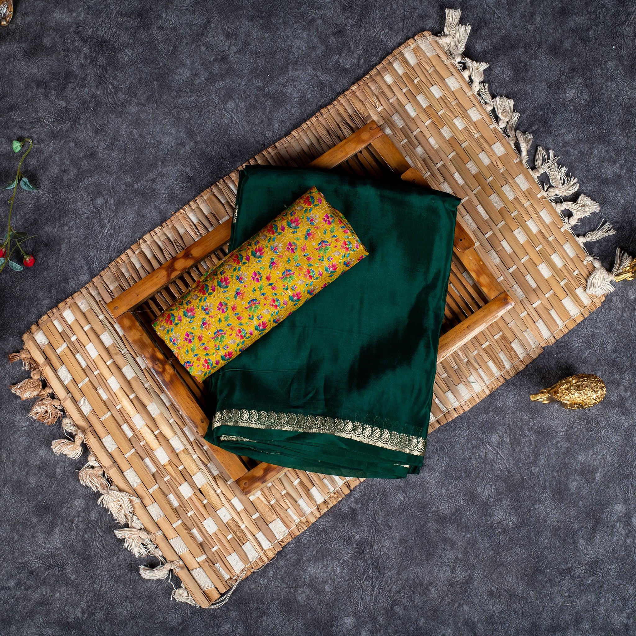 Mysore Crepe Saree with Contrast Blouse - Green - Kleem Boutique Main image
