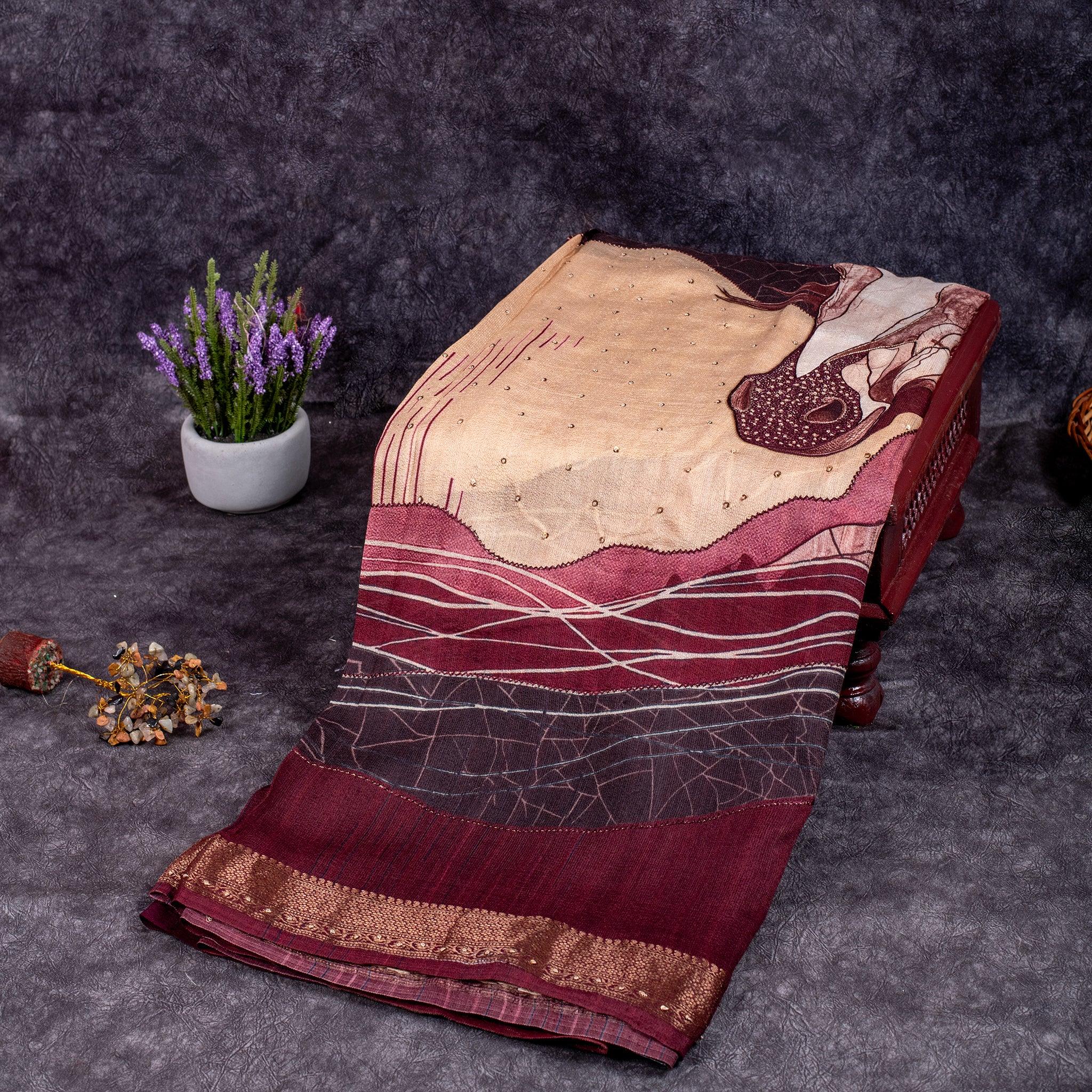 Handloom Soft Tussar Silk Saree – Digital Print with Antique Zari - Kleem Boutique