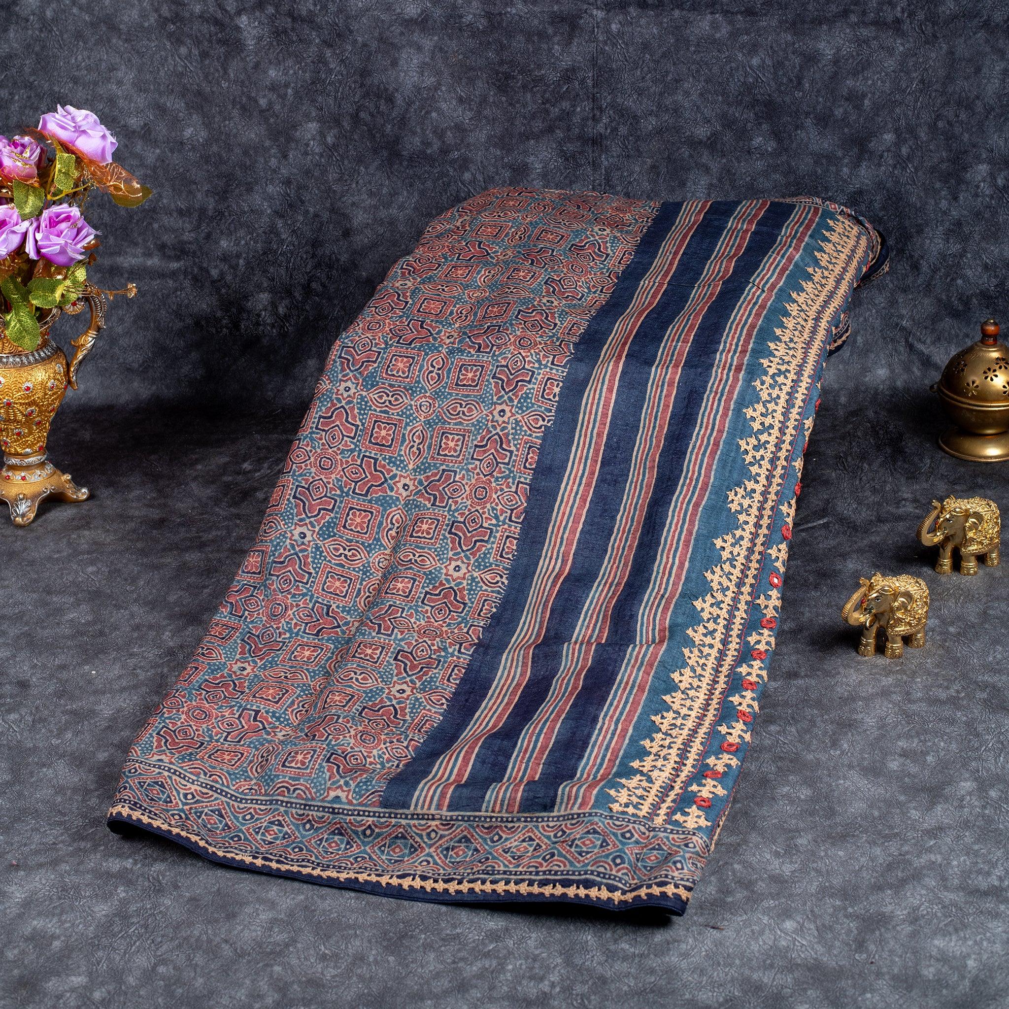 Pure Handloom Tussar Ajrakh Saree with Kutch Embroidery – Indigo Blue - Kleem Boutique Main image