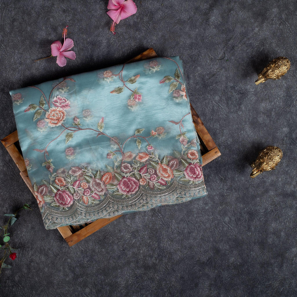 Tissue Kora Saree with Floral Embroidery Work - Sea Green - Kleem Boutique