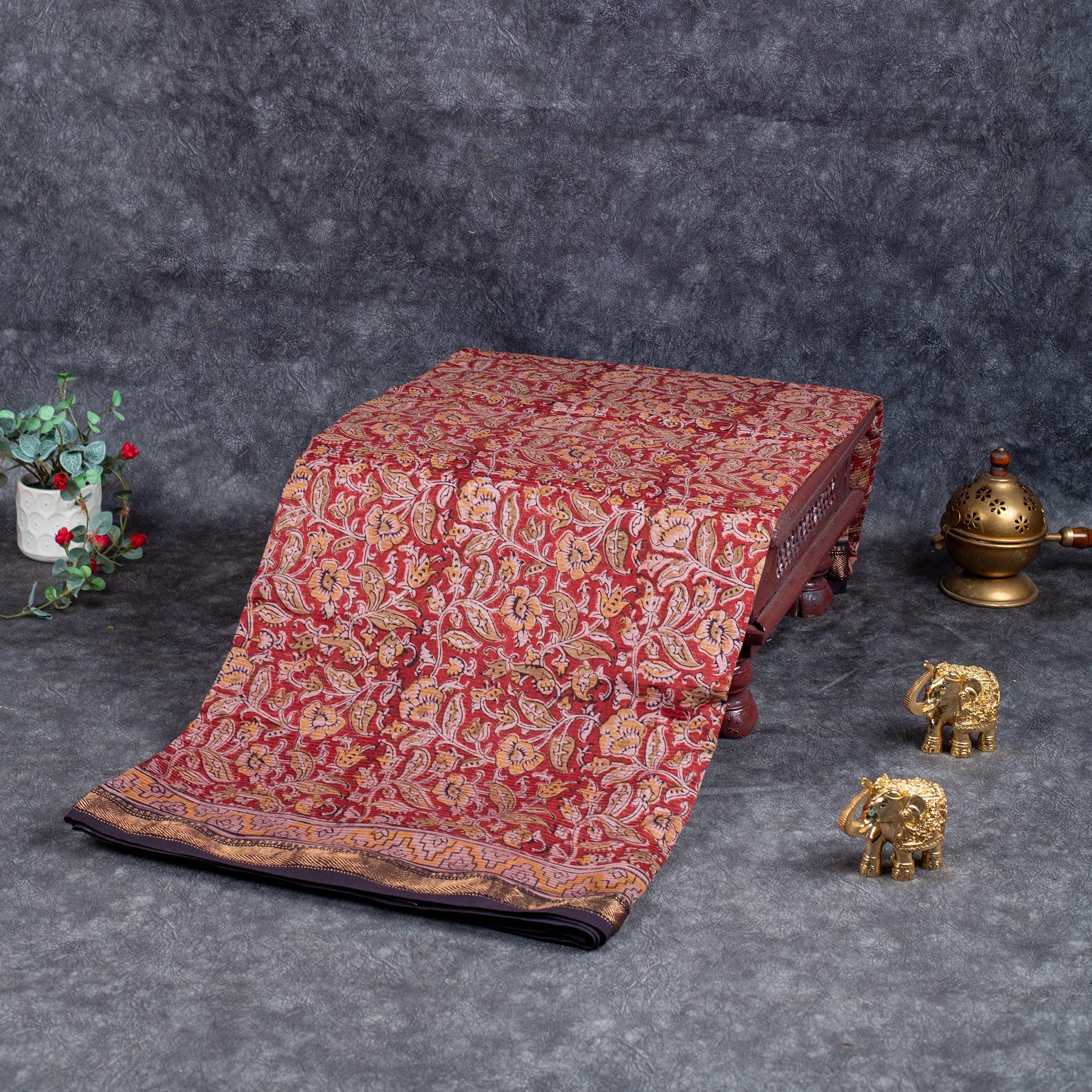 Pure Handloom Maheshwari Cotton Saree with Floral Digital Print - Maroon - Kleem Boutique Main image