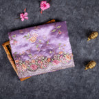 Tissue Kora Saree with Floral Embroidery Work - Lavender - Kleem Boutique