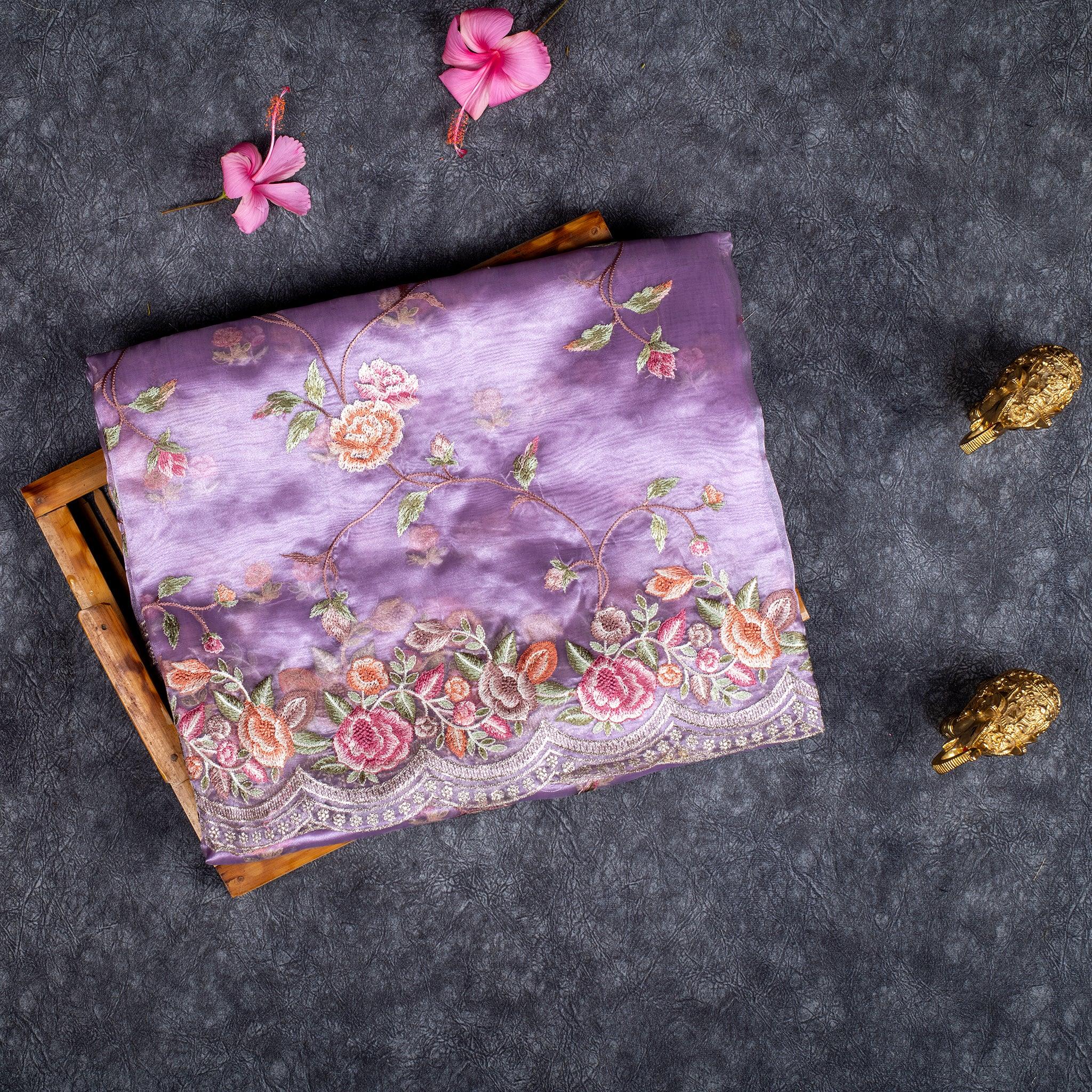 Tissue Kora Saree with Floral Embroidery Work - Lavender - Kleem Boutique