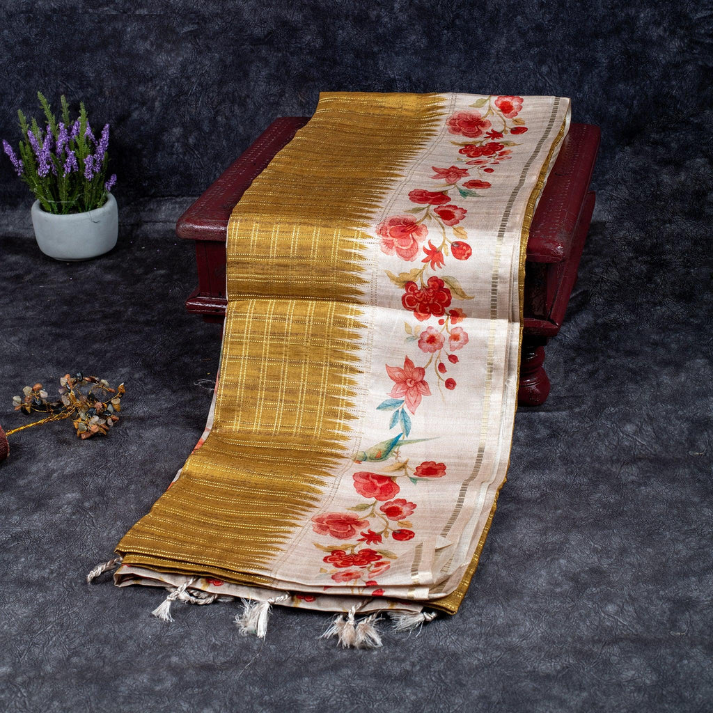 Semi Tussar Silk Saree – Zari Checks with Off-White Floral Pallu - Kleem Boutique