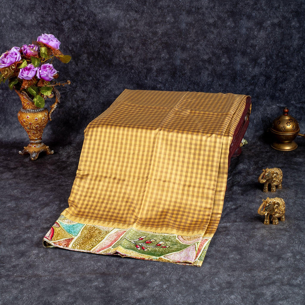 Pure Handloom Patola Silk Saree with Checks & Abstract Floral Border – Mustard Yellow - Kleem Boutique