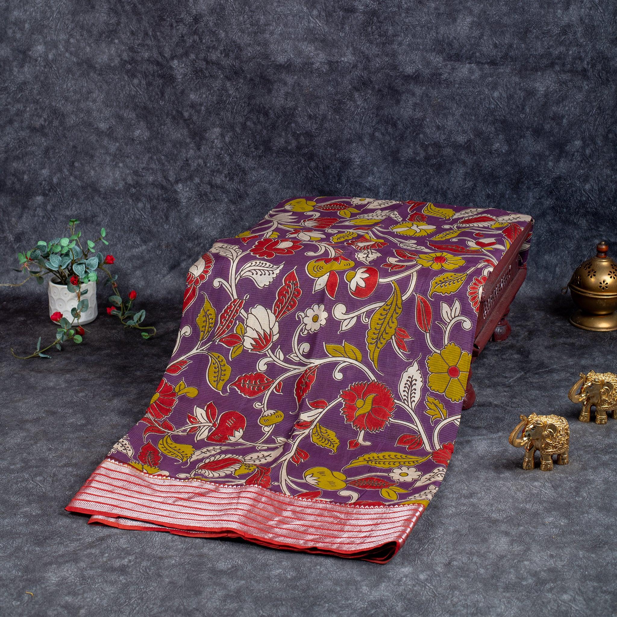 Pure Handloom Kanchi Border Silk Saree with Digital Prints - Violet - Kleem Boutique Main image