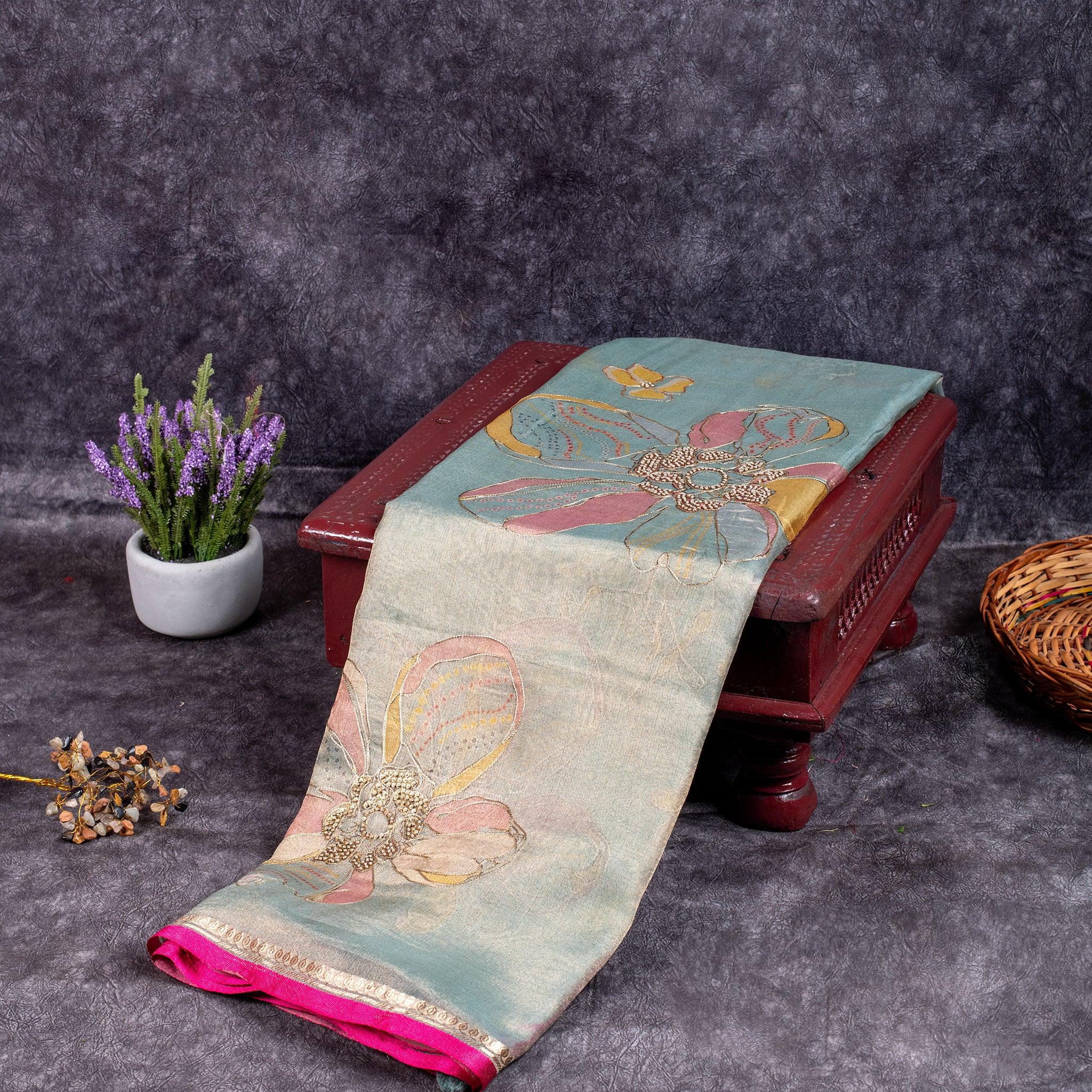 Handloom Organza Tissue Saree – Floral Digital Print with Hand Embroidery - Kleem Boutique Main image