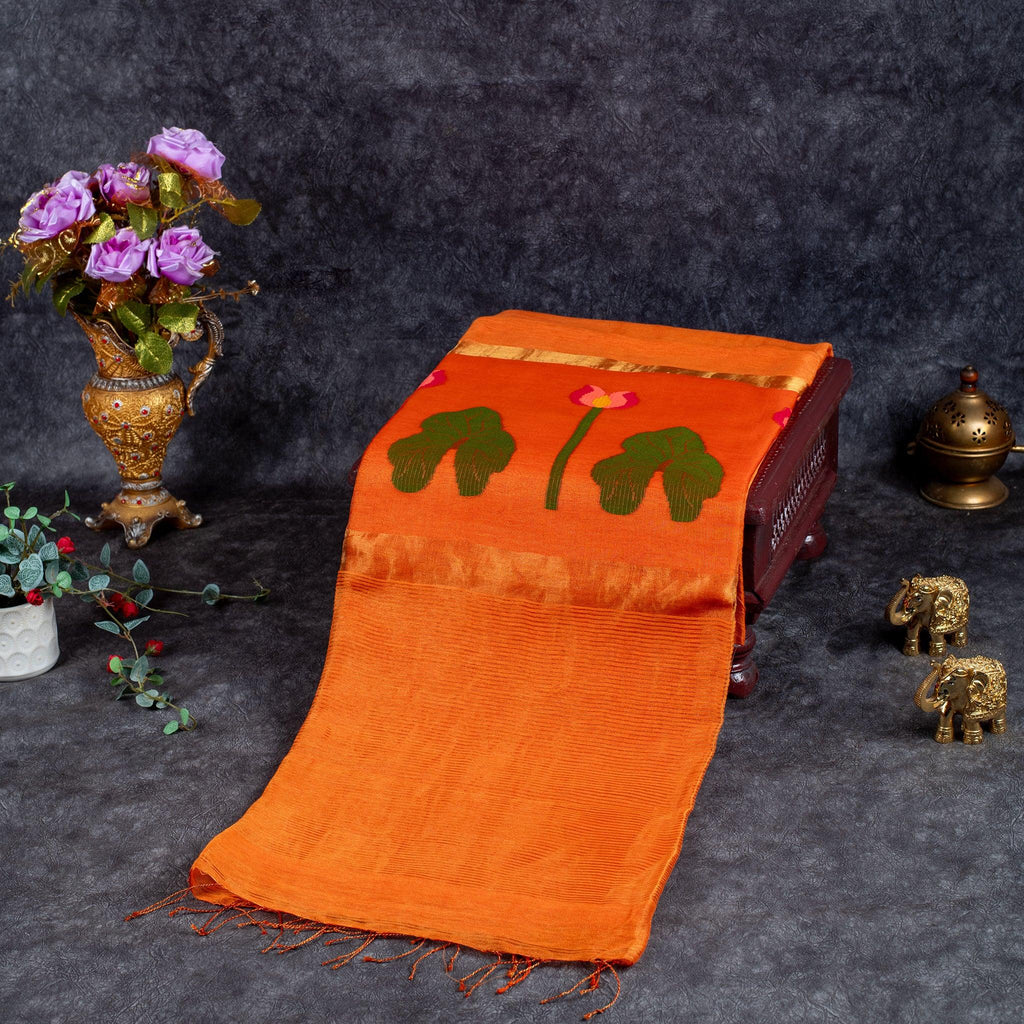 Jamdani Silk Saree with Horizontal Line Design – Handwoven Elegance -Orange - Kleem Boutique