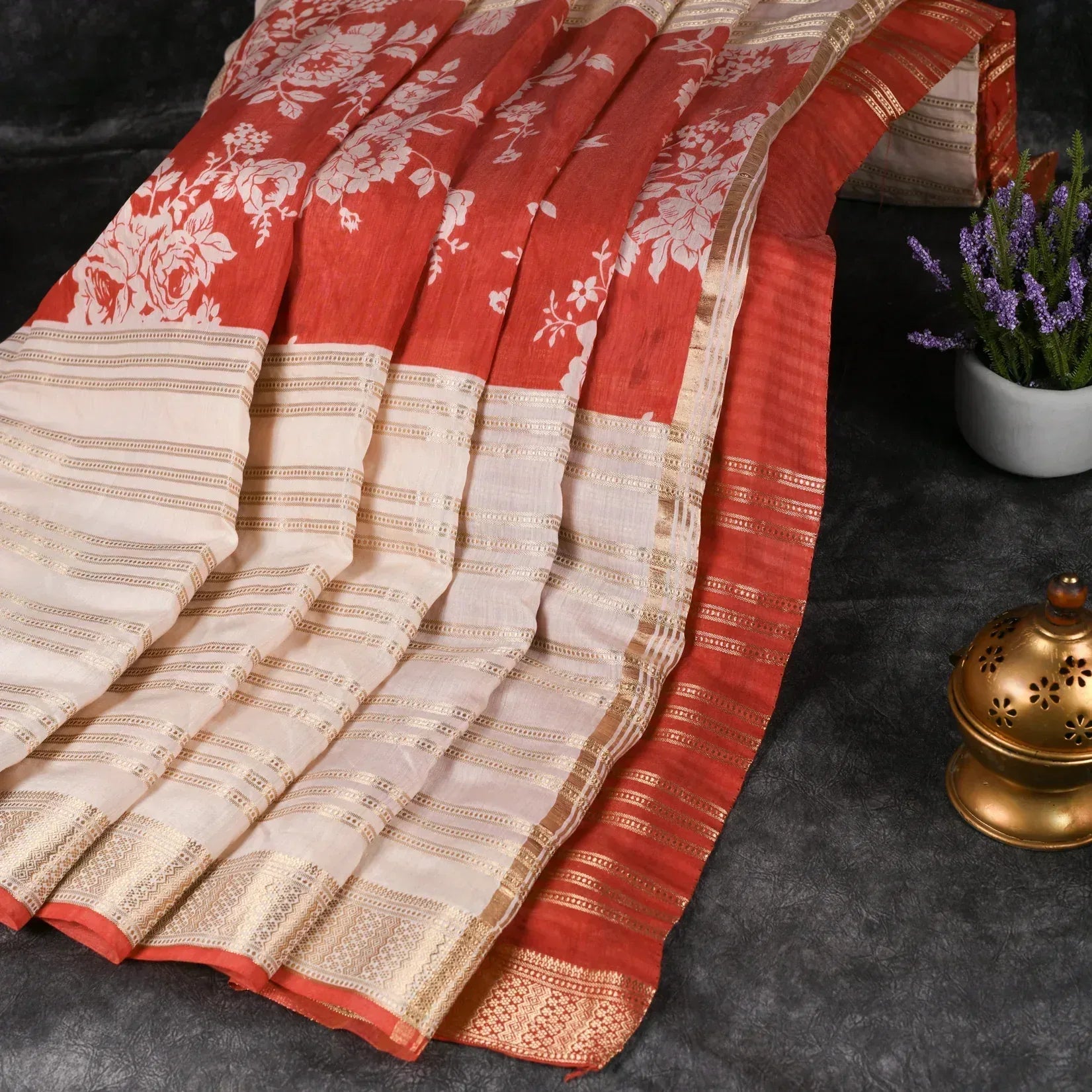 Chandheri Silk Off-White & Red Saree with Floral and Stripe Design - Kleem Boutique Main image