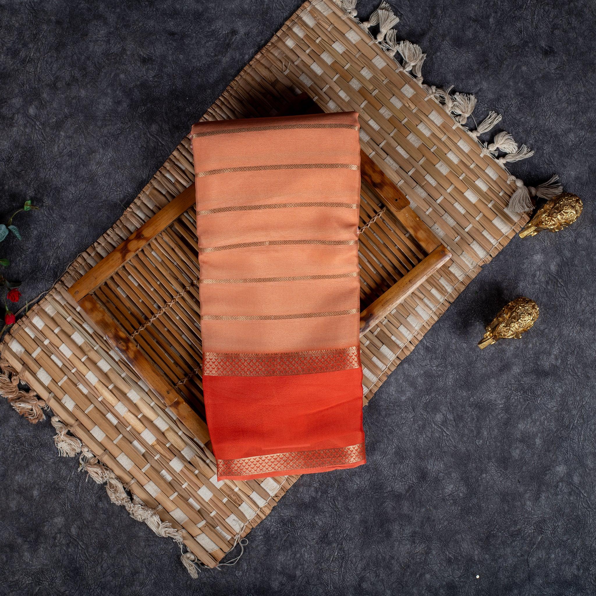 Shrinagar Silk Saree – Chinnon Crepe Fabric - Light Orange with Dark Orange - Kleem Boutique Main image