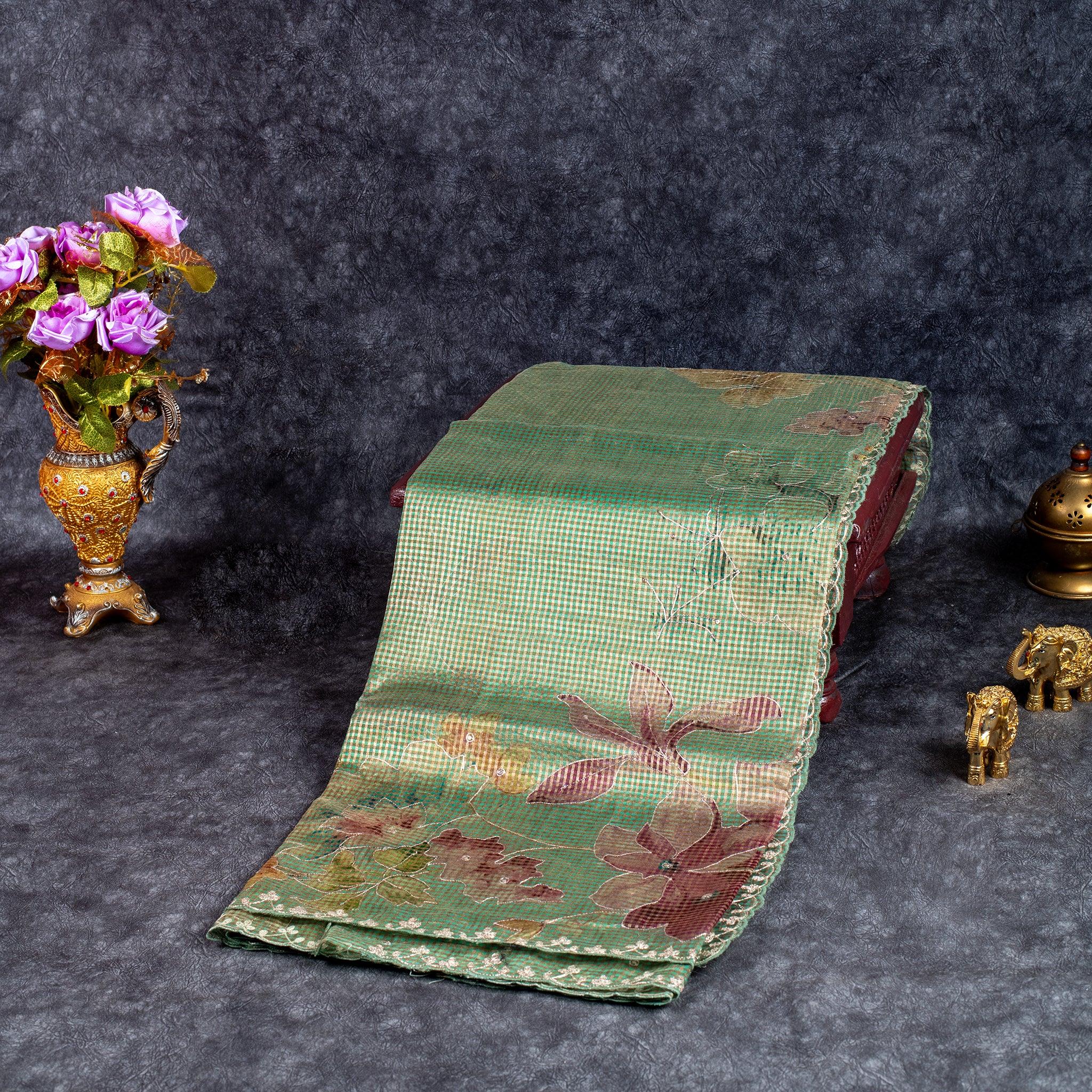 Pure Handloom Tissue Organza Saree with Self Checks, Aari Work & Scallop Border – Sage Green - Kleem Boutique