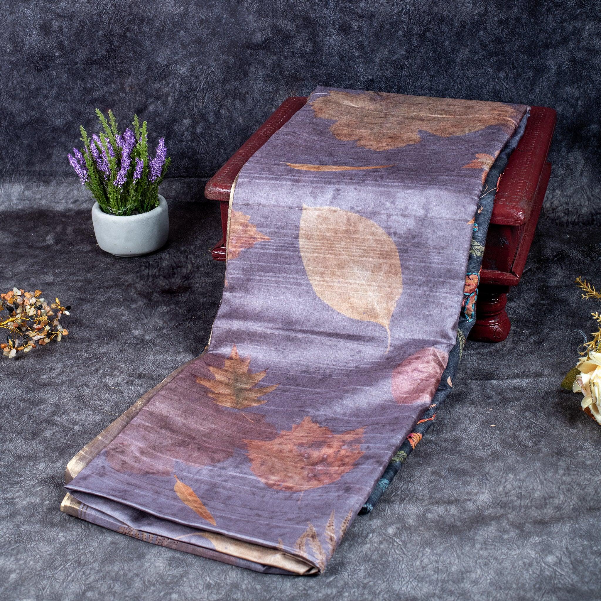 Semi Tussar Silk Saree – Eco Digital Floral & Leaf Print - Kleem Boutique Main image
