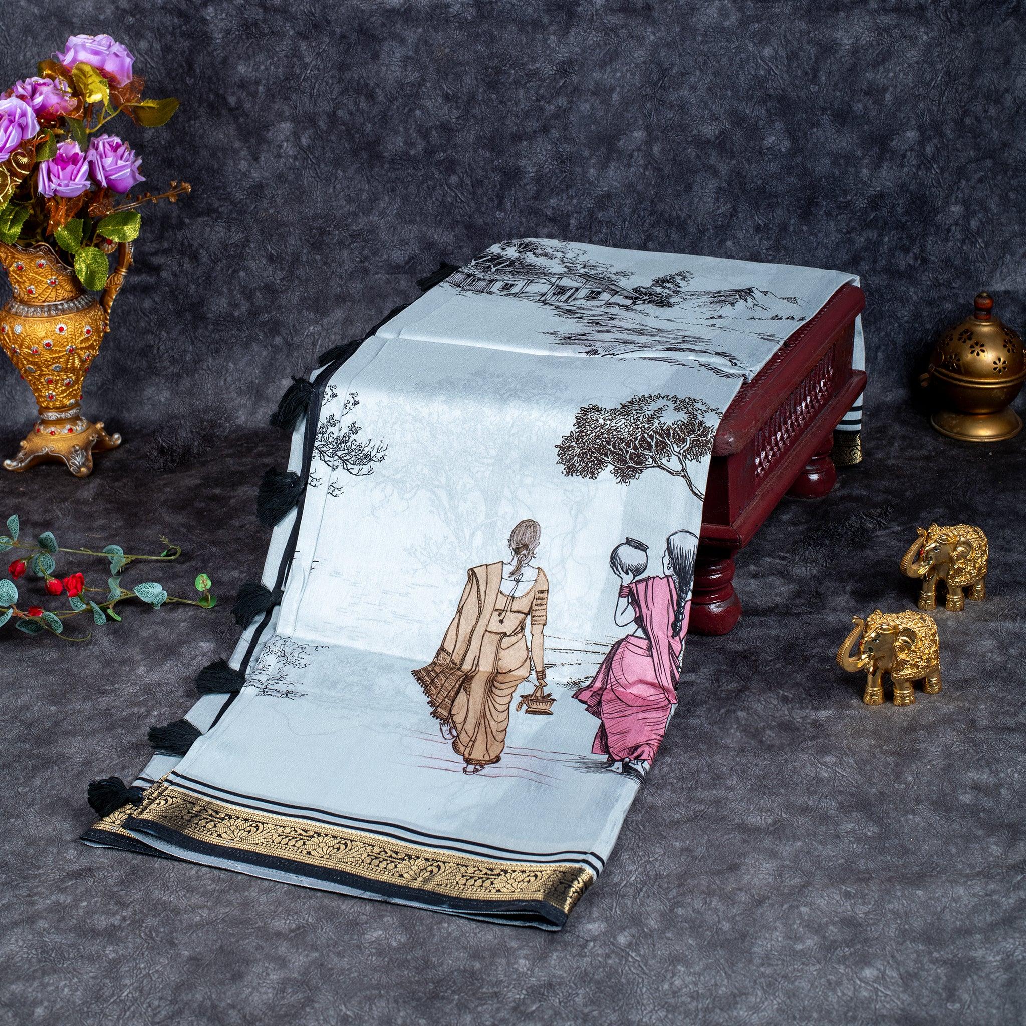 Saundarya Silk Saree – Classic Black & White Combination - Kleem Boutique Main image