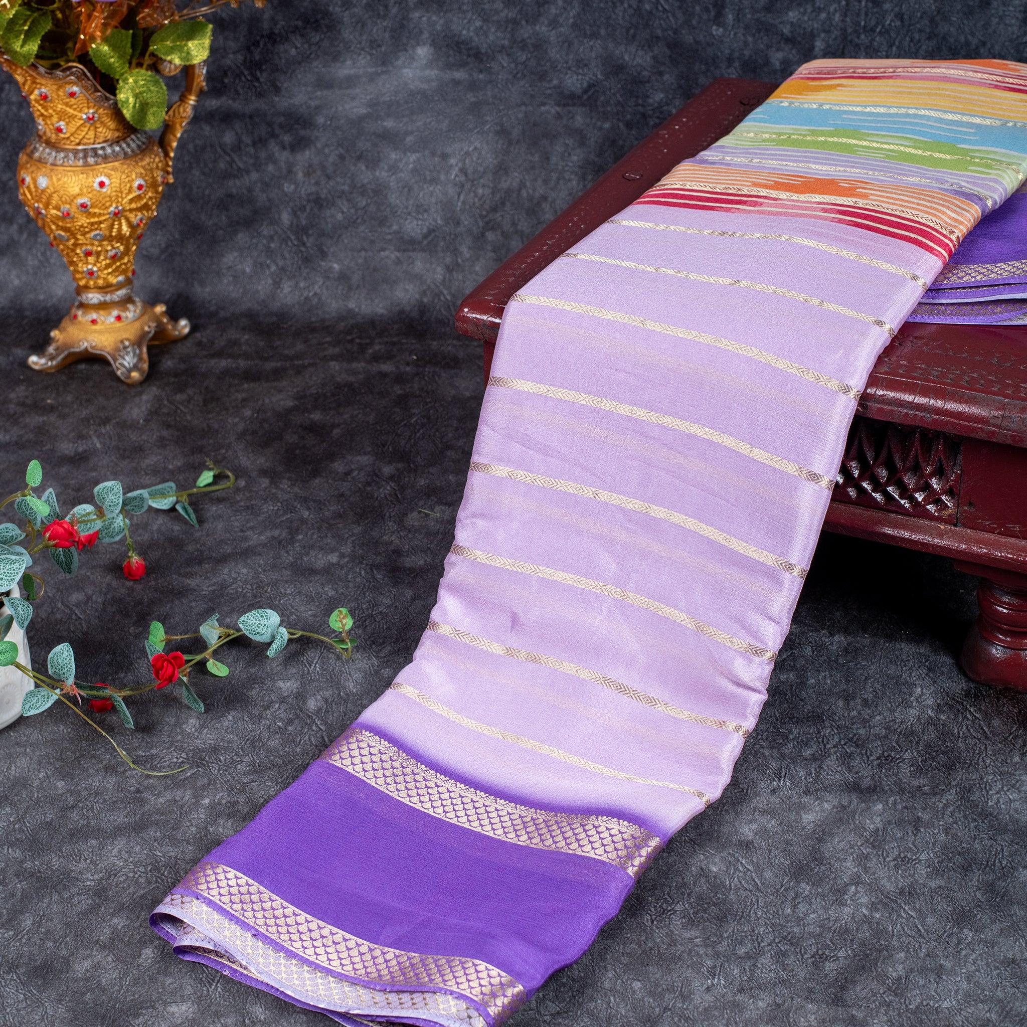 Shrinagar Silk Saree – Chinnon Crepe Fabric-Lavender with Dark Purple - Kleem Boutique