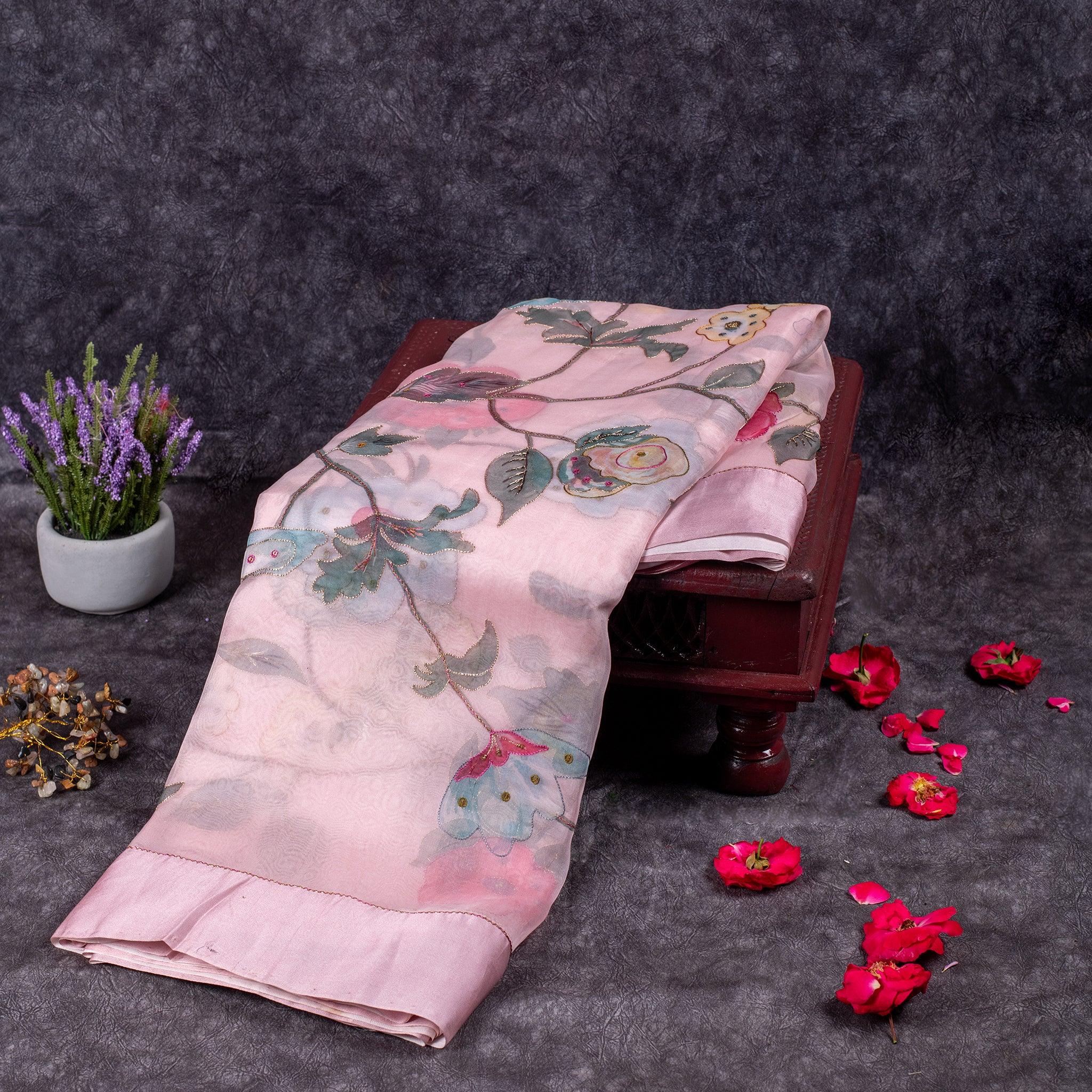 Kora Organza Saree with Floral Digital Print & Hand Embroidery - Kleem Boutique Main image