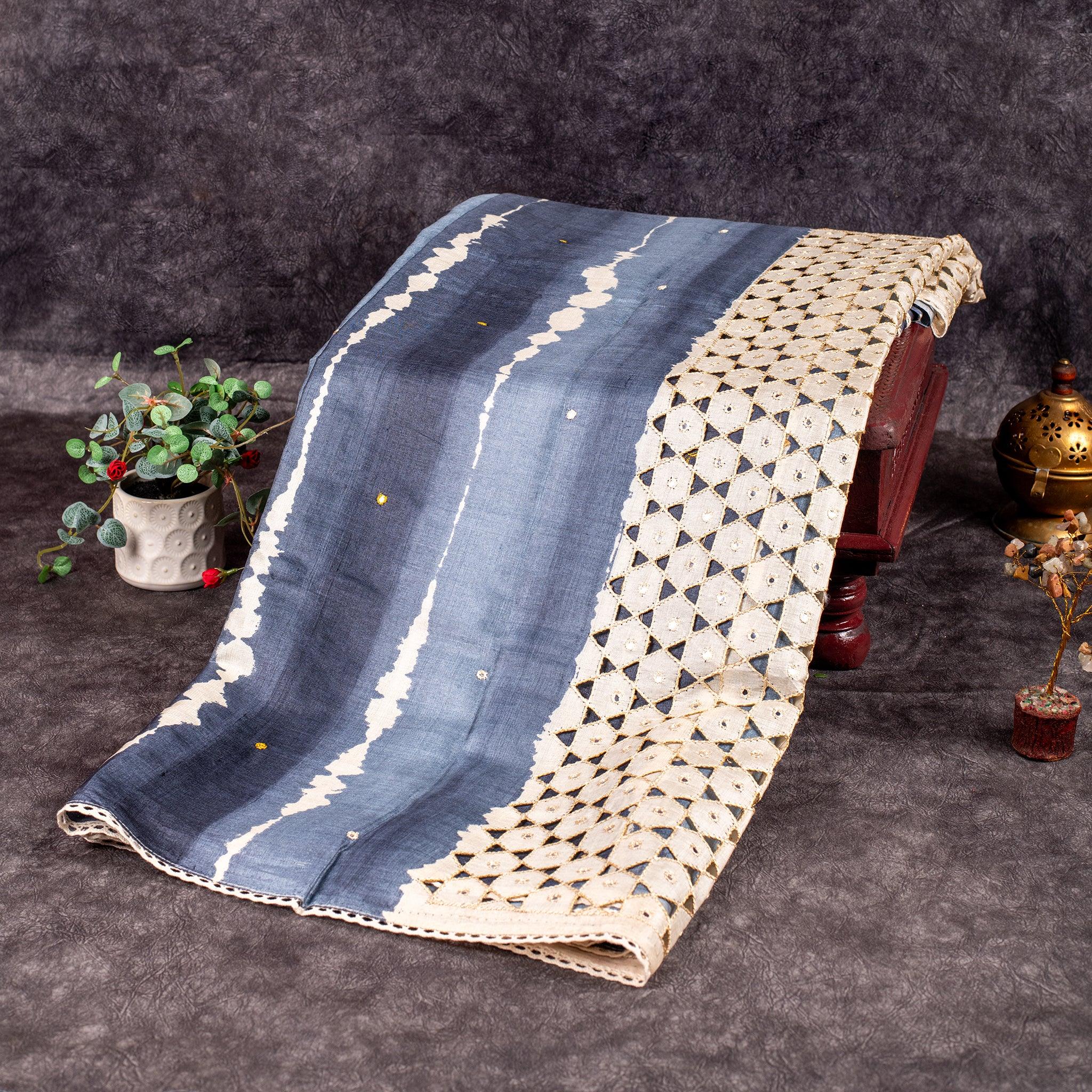 Pure Handloom Tussar Silk Grey Saree with Leheriya Pattern & Kalamkari Cutwork - Kleem Boutique