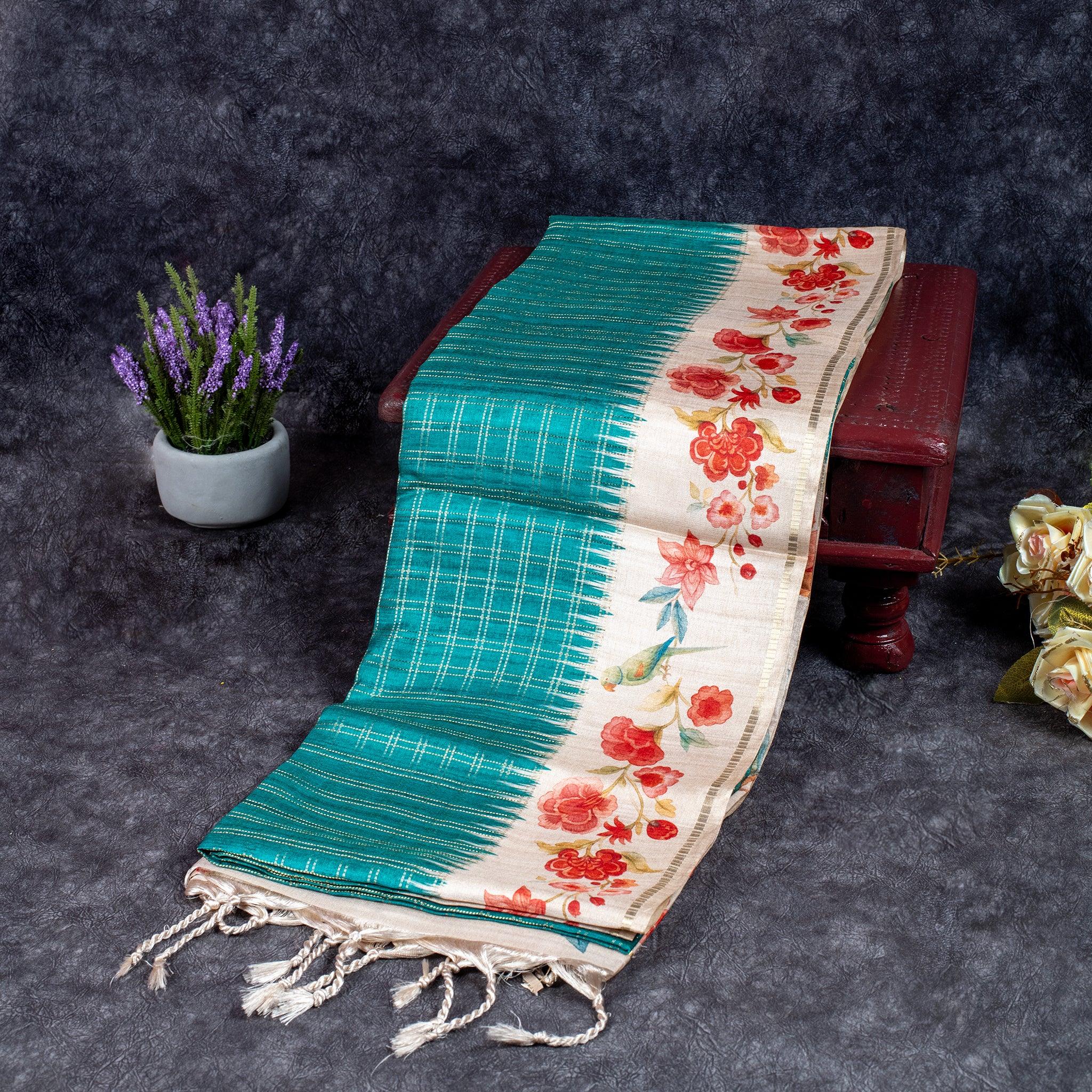 Semi Tussar Silk Saree – Zari Checks with Off-White Floral Pallu - Kleem Boutique Main image