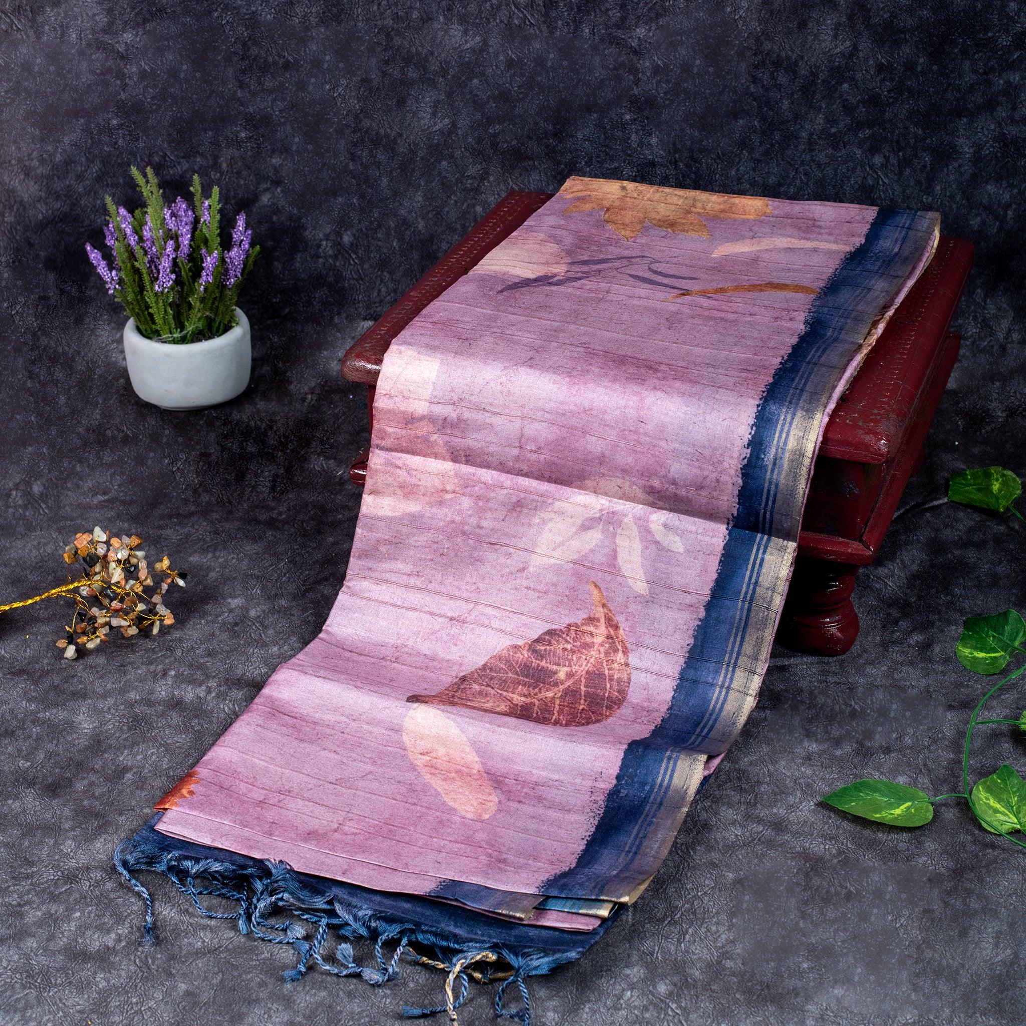 Semi Tussar Silk Saree – Eco Digital Floral & Leaf Print - Kleem Boutique Main image