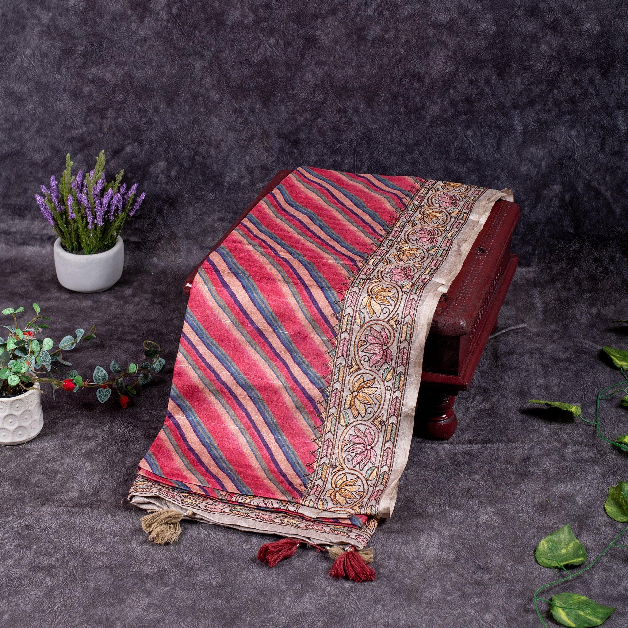 Semi Tussar Silk Saree – Leheriya Design with Kantha Border - Kleem Boutique