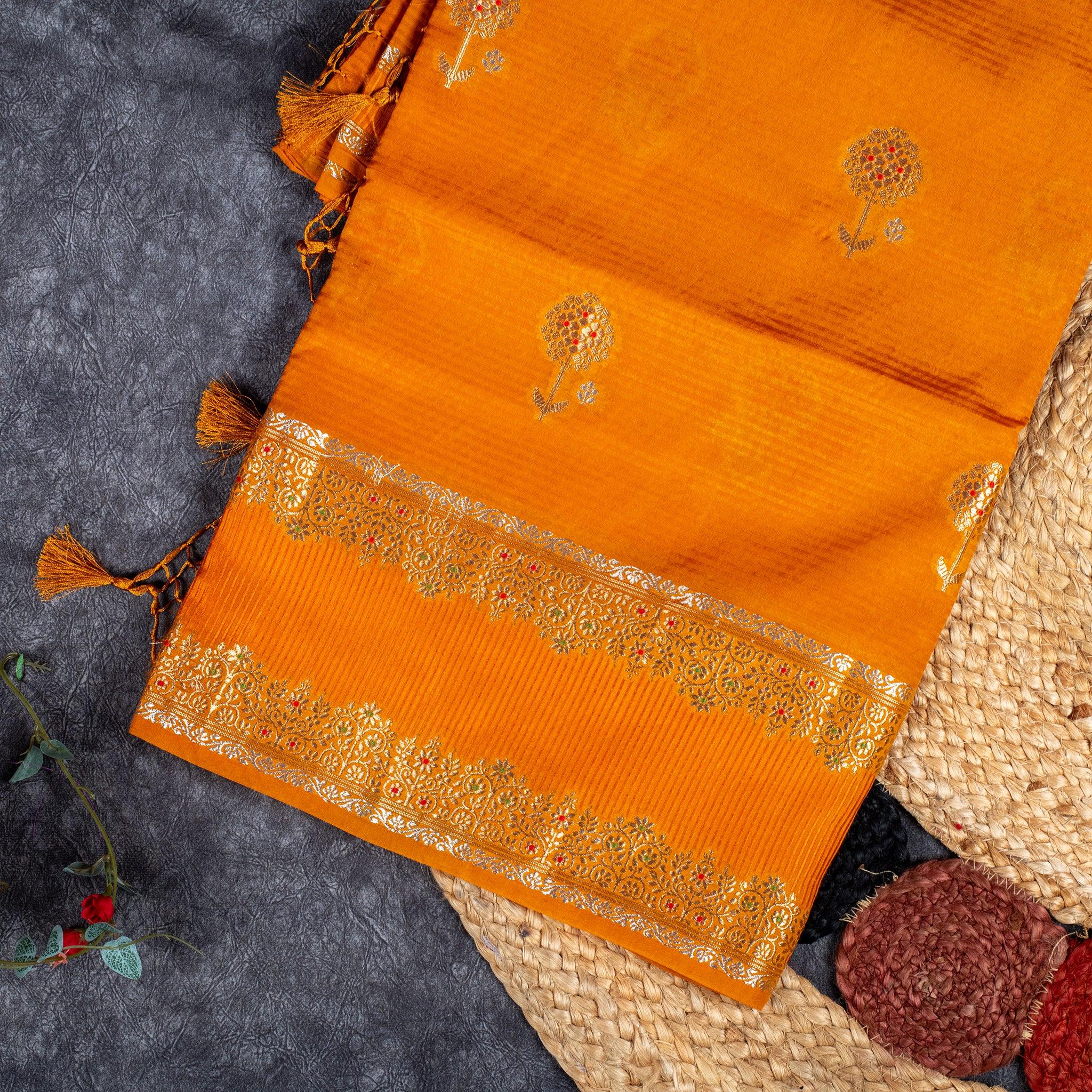 Raw Mango Saree – Orange with Butti Design - Kleem Boutique Main image