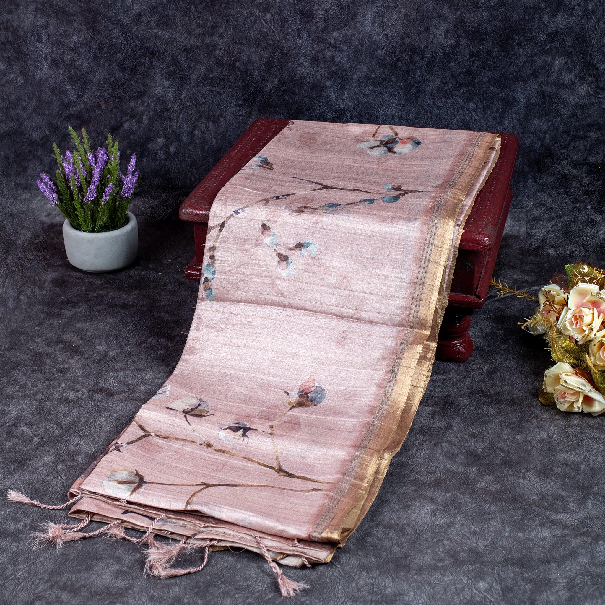 Soft Semi Tussar Silk Saree – Bird & Floral Digital Print - Kleem Boutique