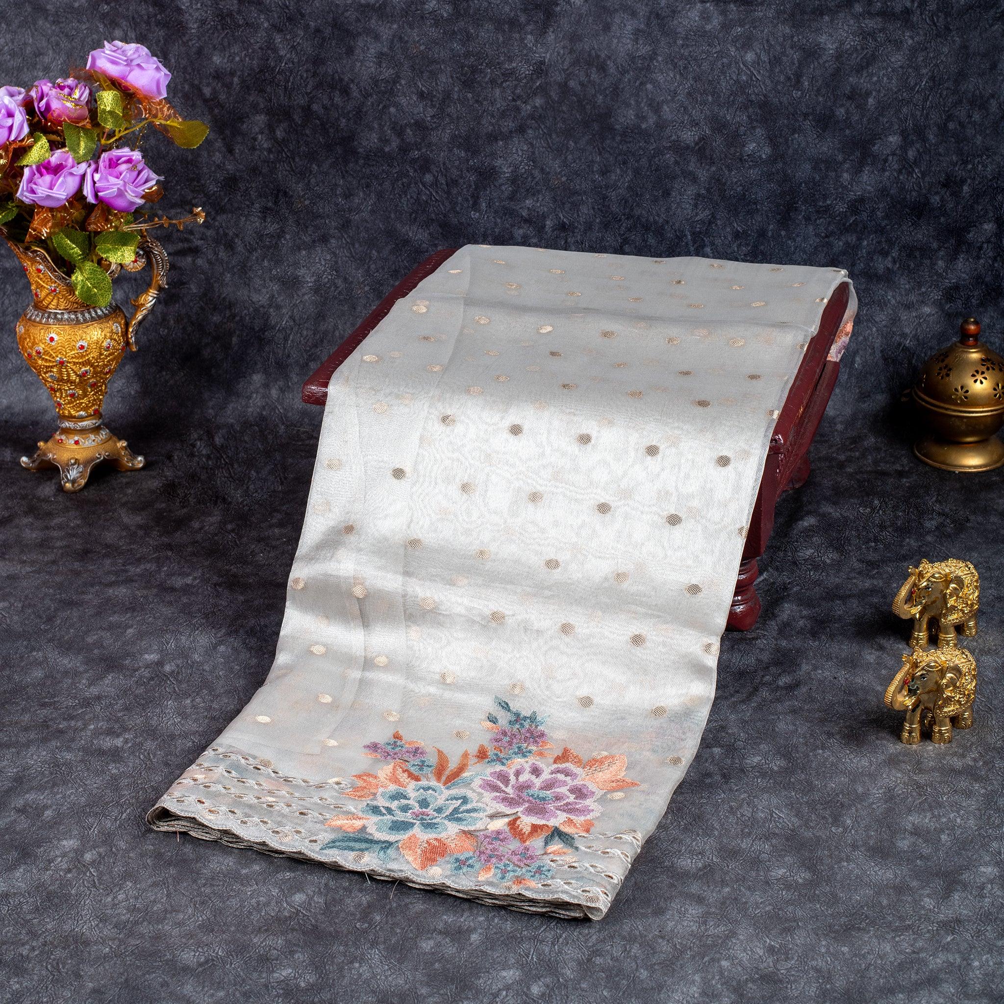 Tissue Kora Saree with Zari Butti & Floral Cutwork Border – Silver - Kleem Boutique