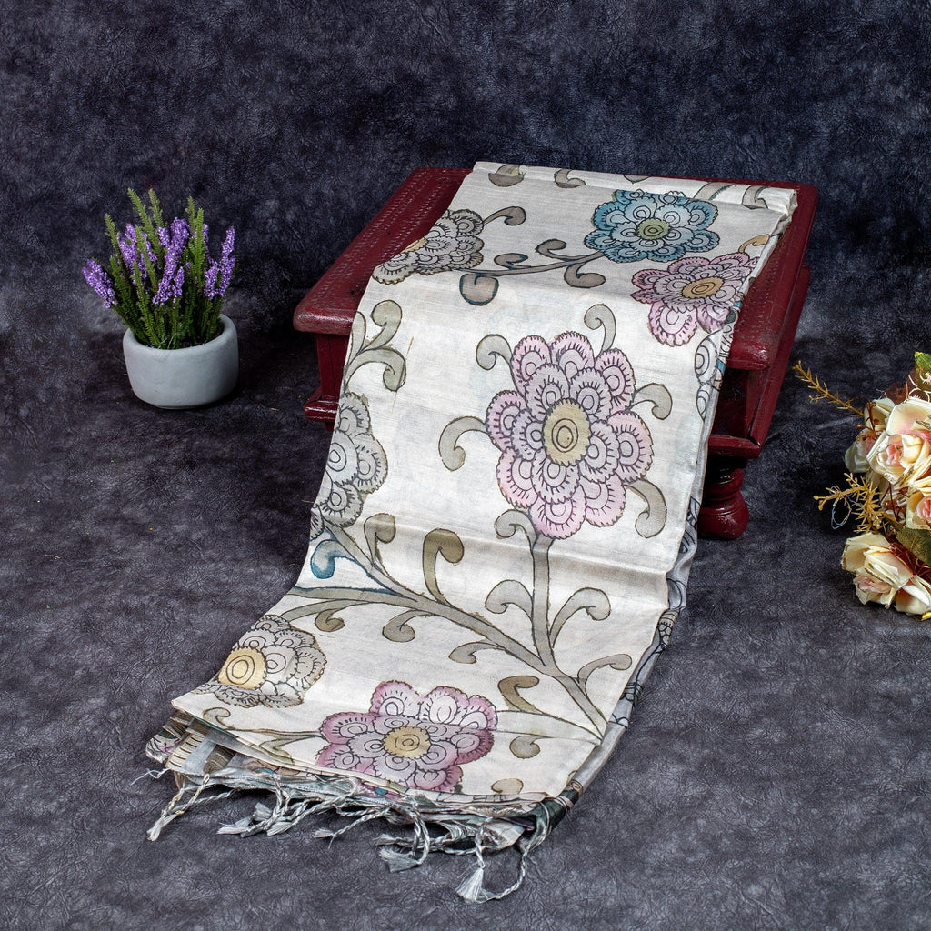 Semi Tussar Silk Saree – Kalamkari Floral & Animal Motifs - Kleem Boutique