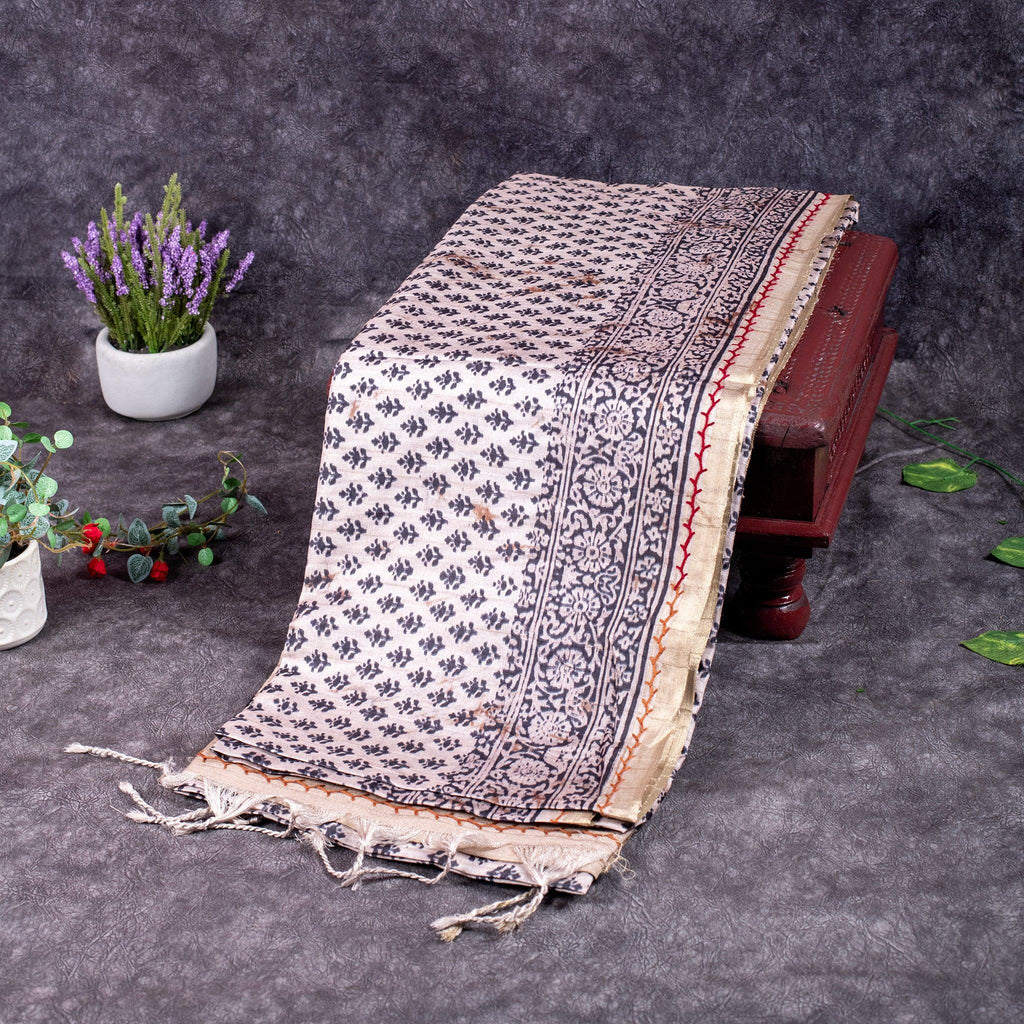 Semi Tussar Silk Saree – Dabu Print with Kantha Work Pallu - Kleem Boutique