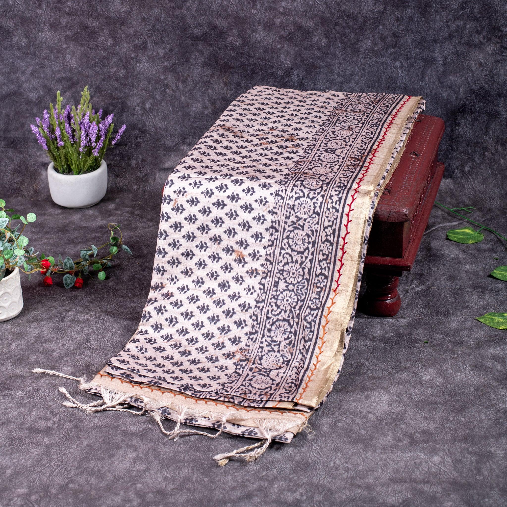 Semi Tussar Silk Saree – Dabu Print with Kantha Work Pallu - Kleem Boutique