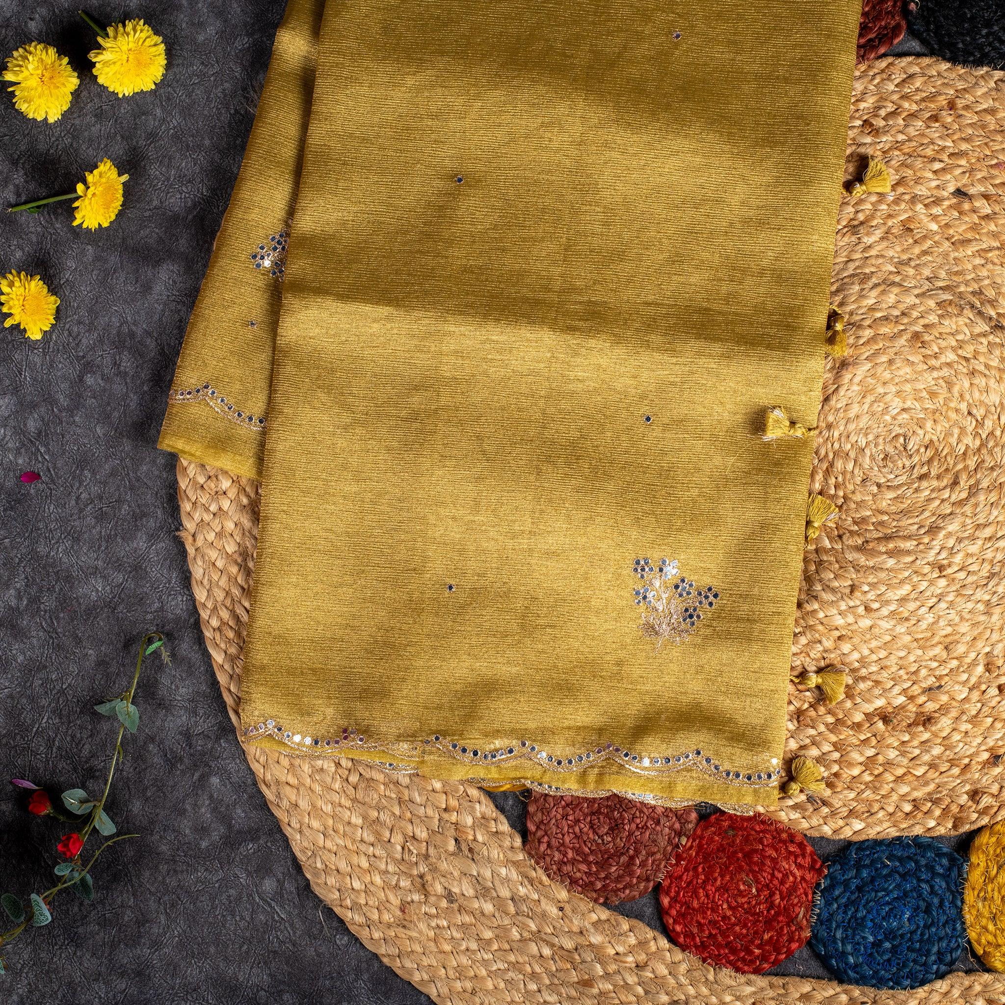 Soft Crushed Tissue Saree with Mirror Work – Mehendi Green - Kleem Boutique Main image