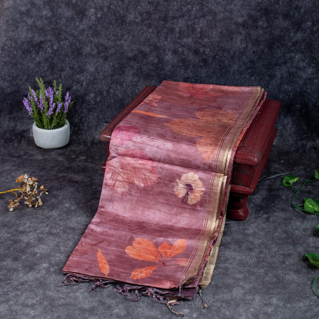 Semi Tussar Silk Saree – Eco Digital Floral & Leaf Print - Kleem Boutique