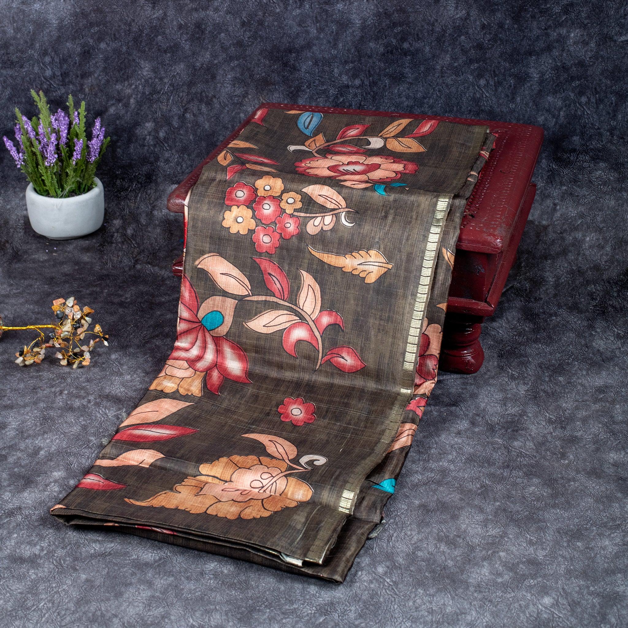 Semi Tussar Silk Saree – Kalamkari Floral Design with Zari Border - Kleem Boutique Main image