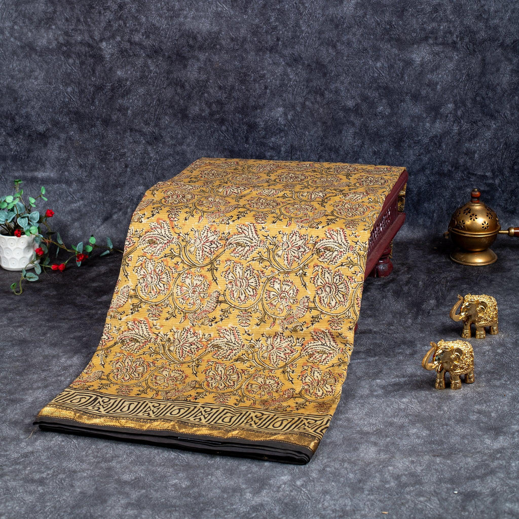 Pure Handloom Maheshwari Cotton Saree with Floral Digital Print - Light Greenish Yellow - Kleem Boutique