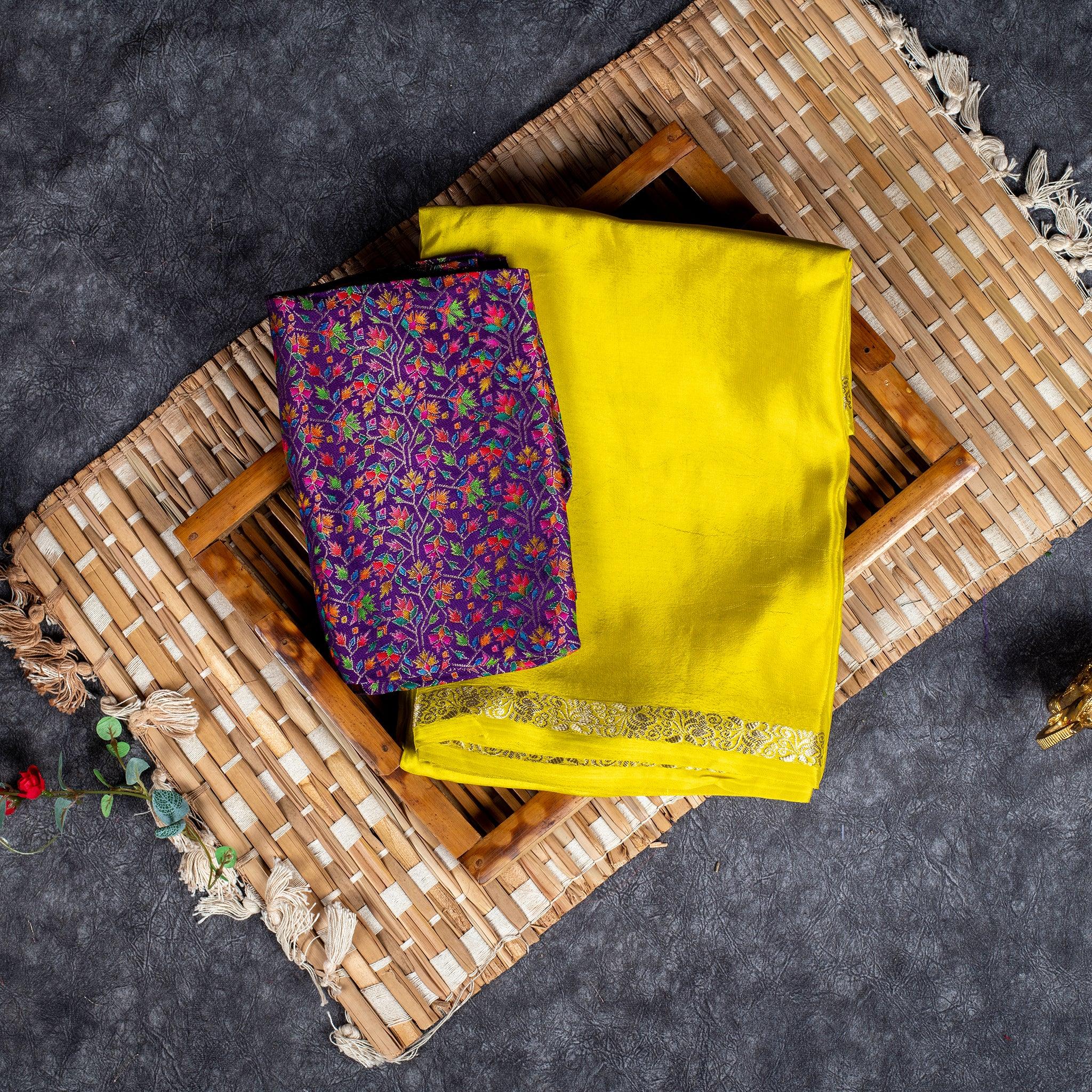 Mysore Crepe Saree with Contrast Blouse - Yellow - Kleem Boutique