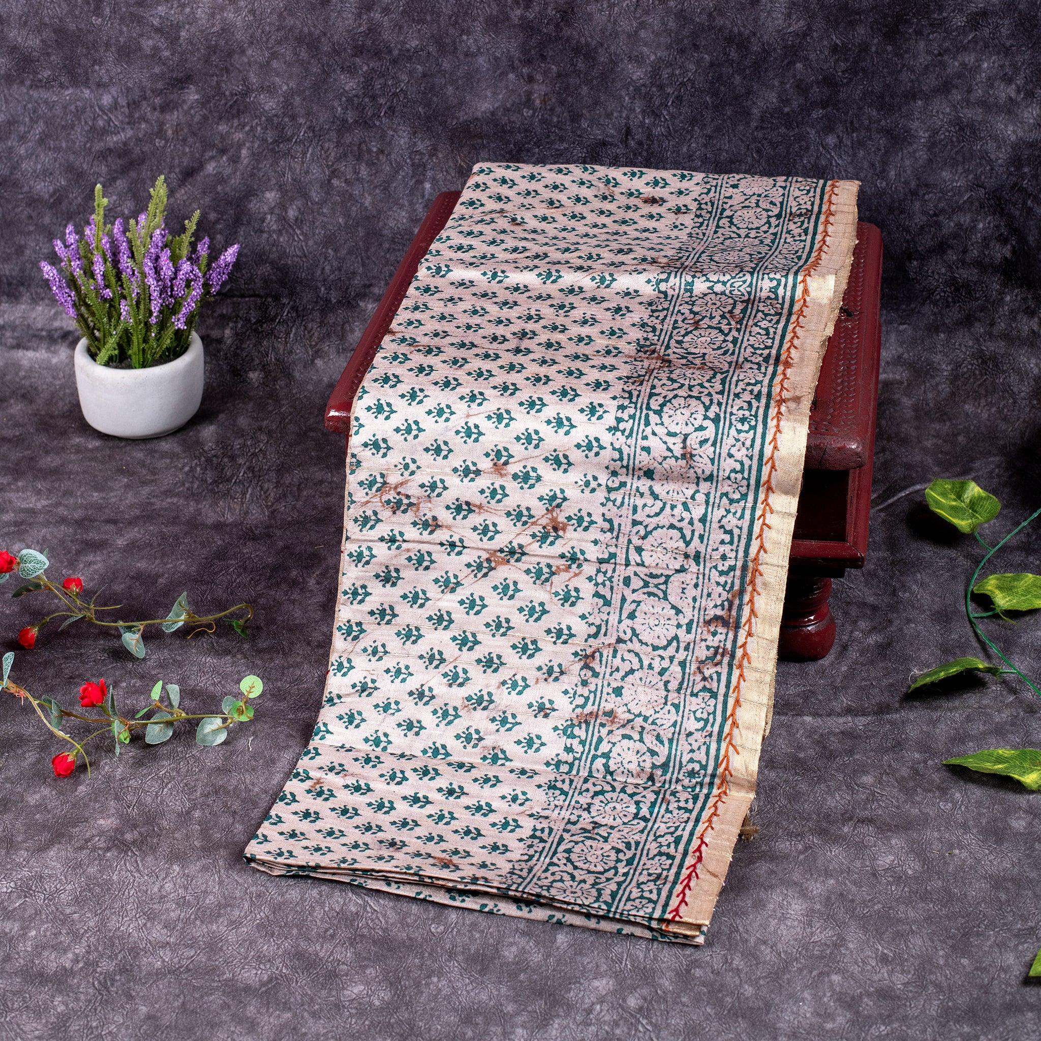 Semi Tussar Silk Saree – Dabu Print with Kantha Work Pallu - Kleem Boutique Main image