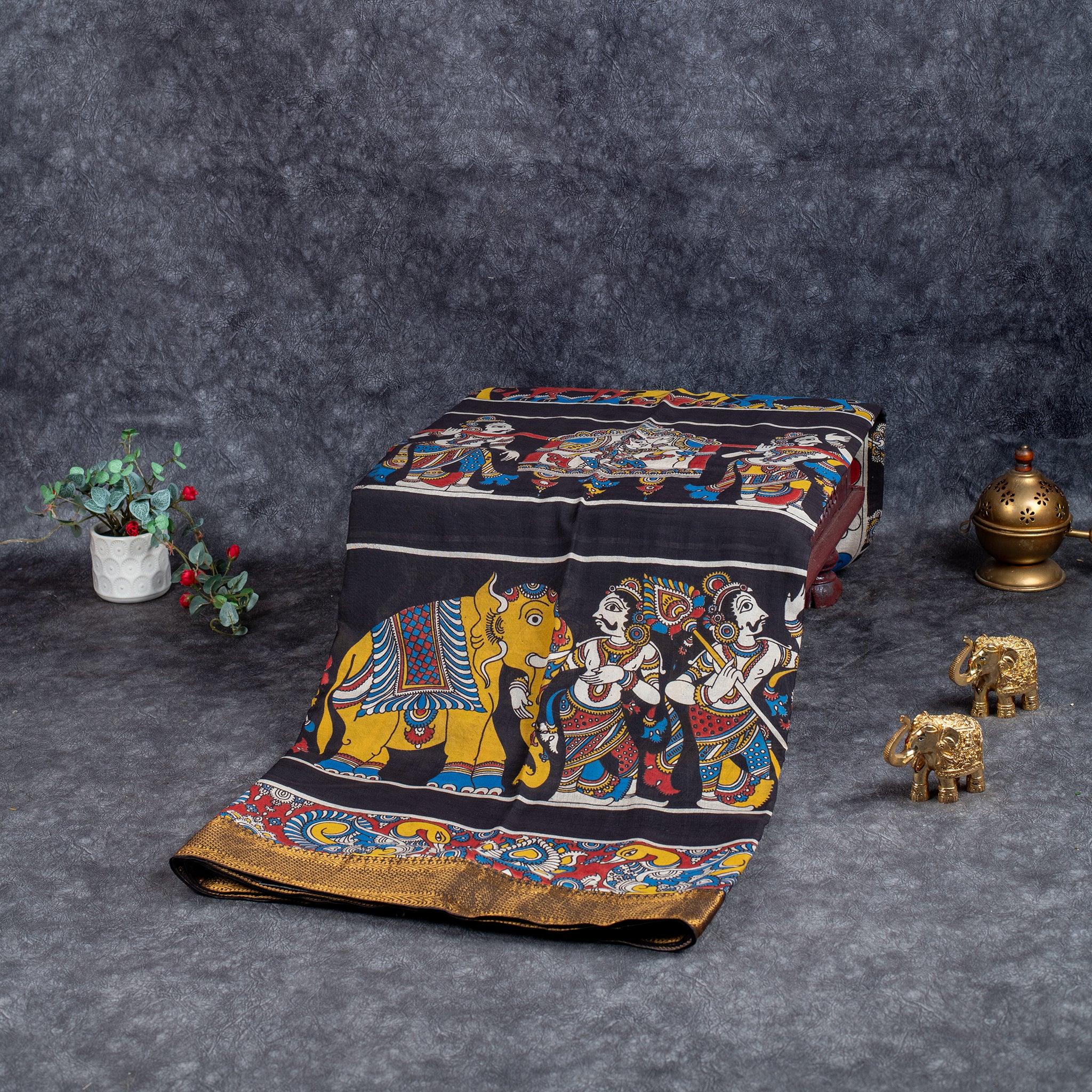 Pure Handloom Nizam Border Silk Saree with Kalamkari Print - Kleem Boutique Main image