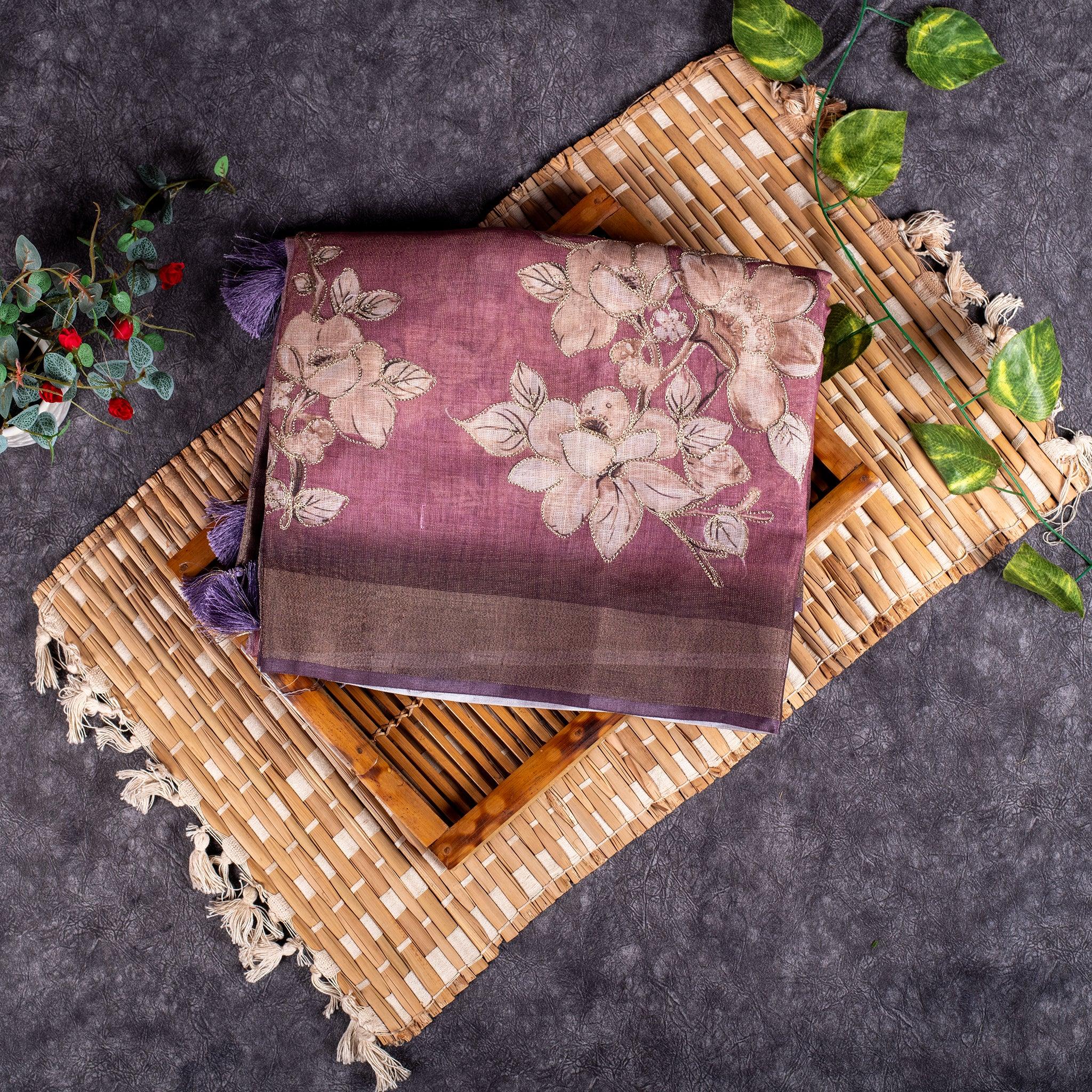 Linen Tissue Silk Saree with Floral Embroidery - Soft Purple - Kleem Boutique Main image