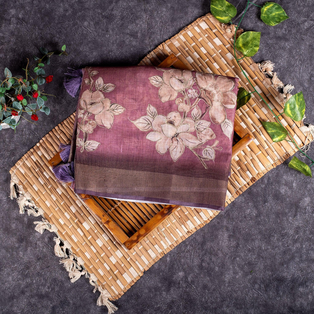 Linen Tissue Silk Saree with Floral Embroidery - Soft Purple - Kleem Boutique