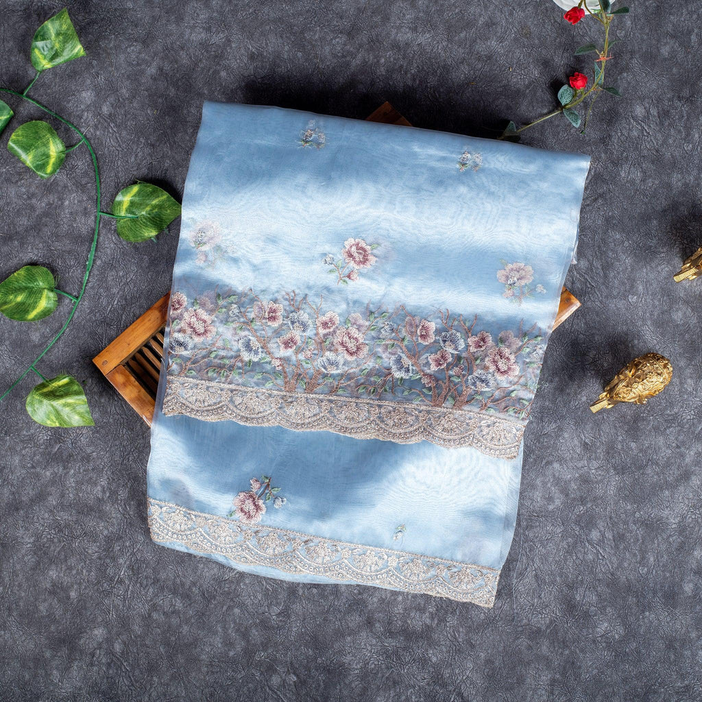 Tissue Kora Saree with Embroidery Work on the Border-Powdered Blue - Kleem Boutique