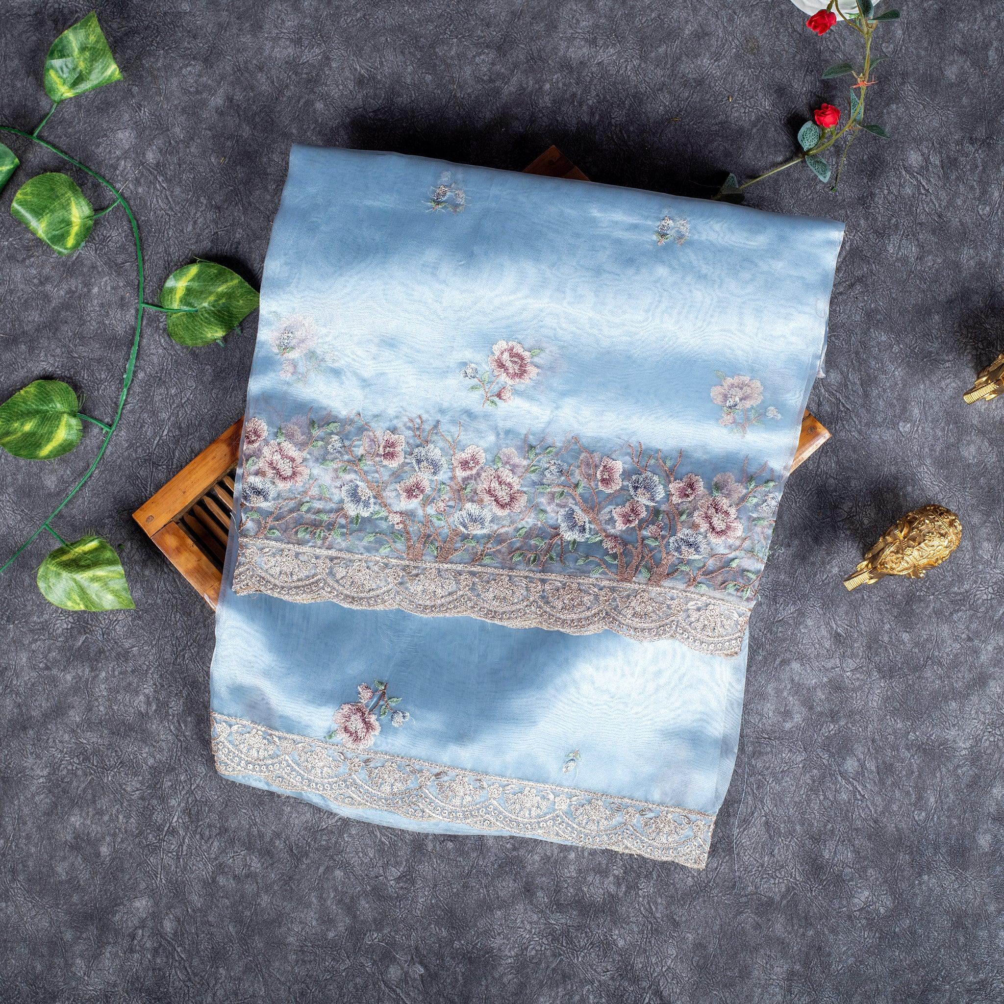 Tissue Kora Saree with Embroidery Work on the Border-Powdered Blue - Kleem Boutique